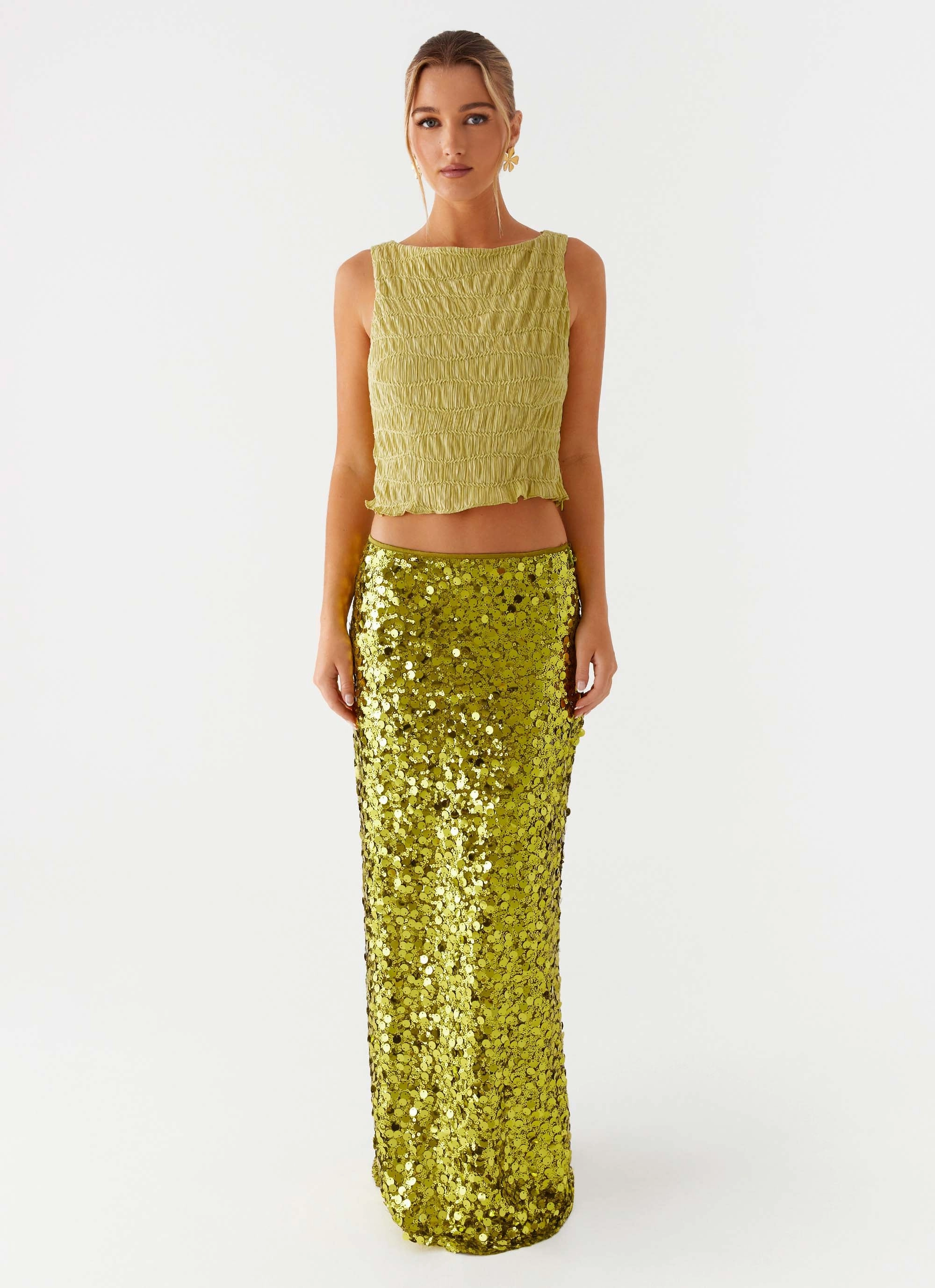 Style Innovation Perfect Places Low Rise Sequin Maxi Skirt - Olive