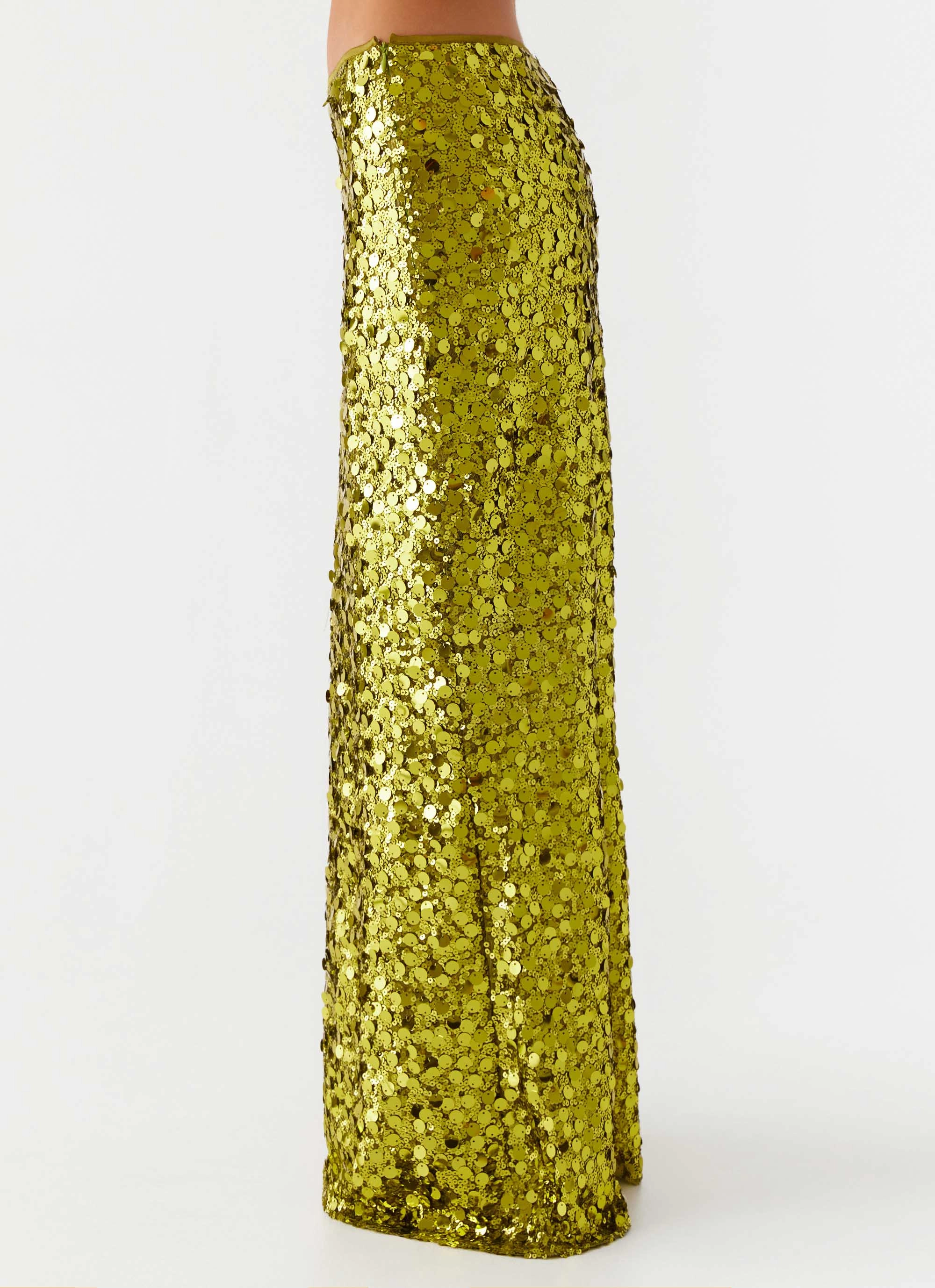 Perfect Places Low Rise Sequin Maxi Skirt - Olive Hand Painted