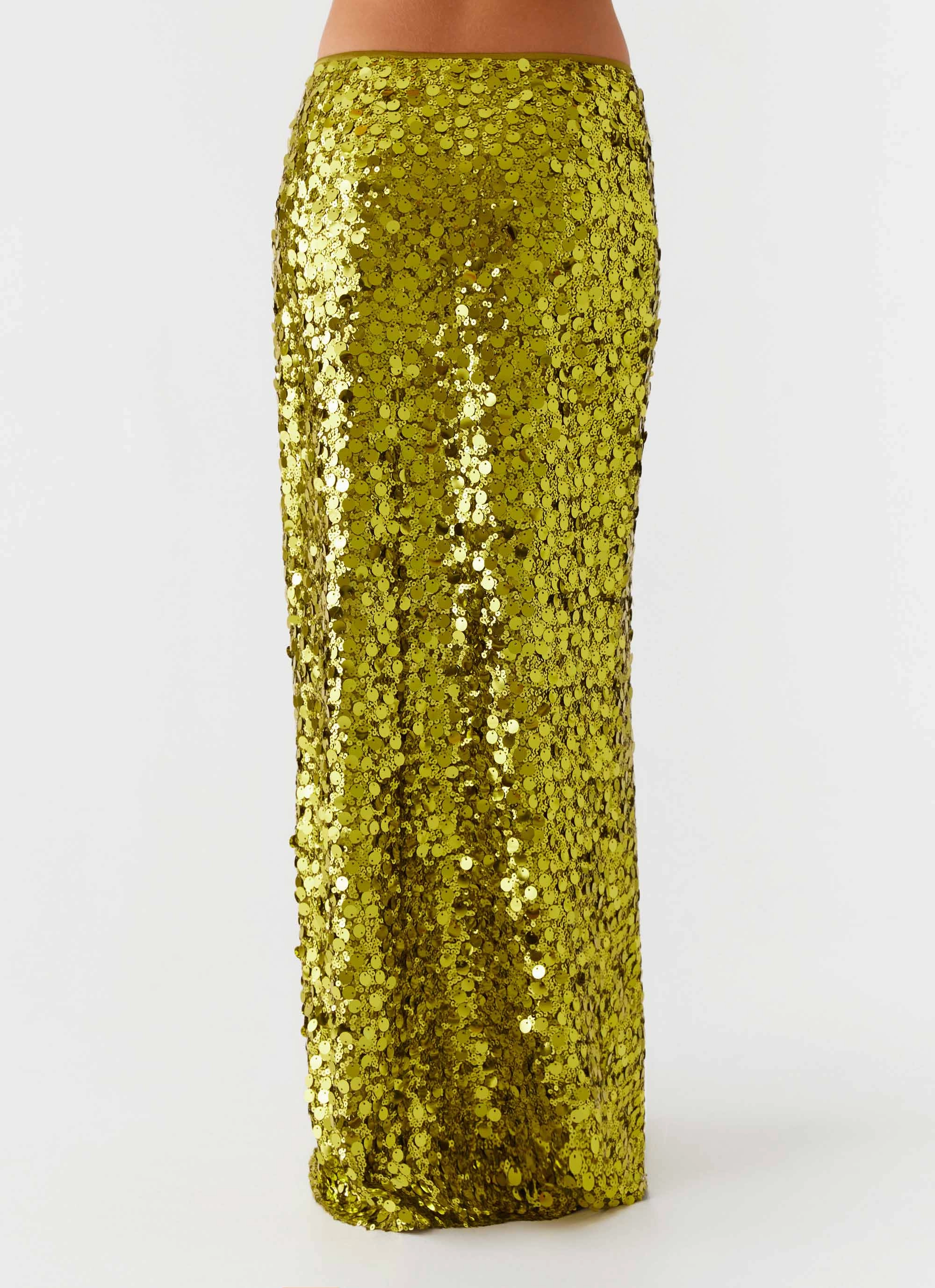 Perfect Places Low Rise Sequin Maxi Skirt - Olive Modern Luxe Relaxed Mood