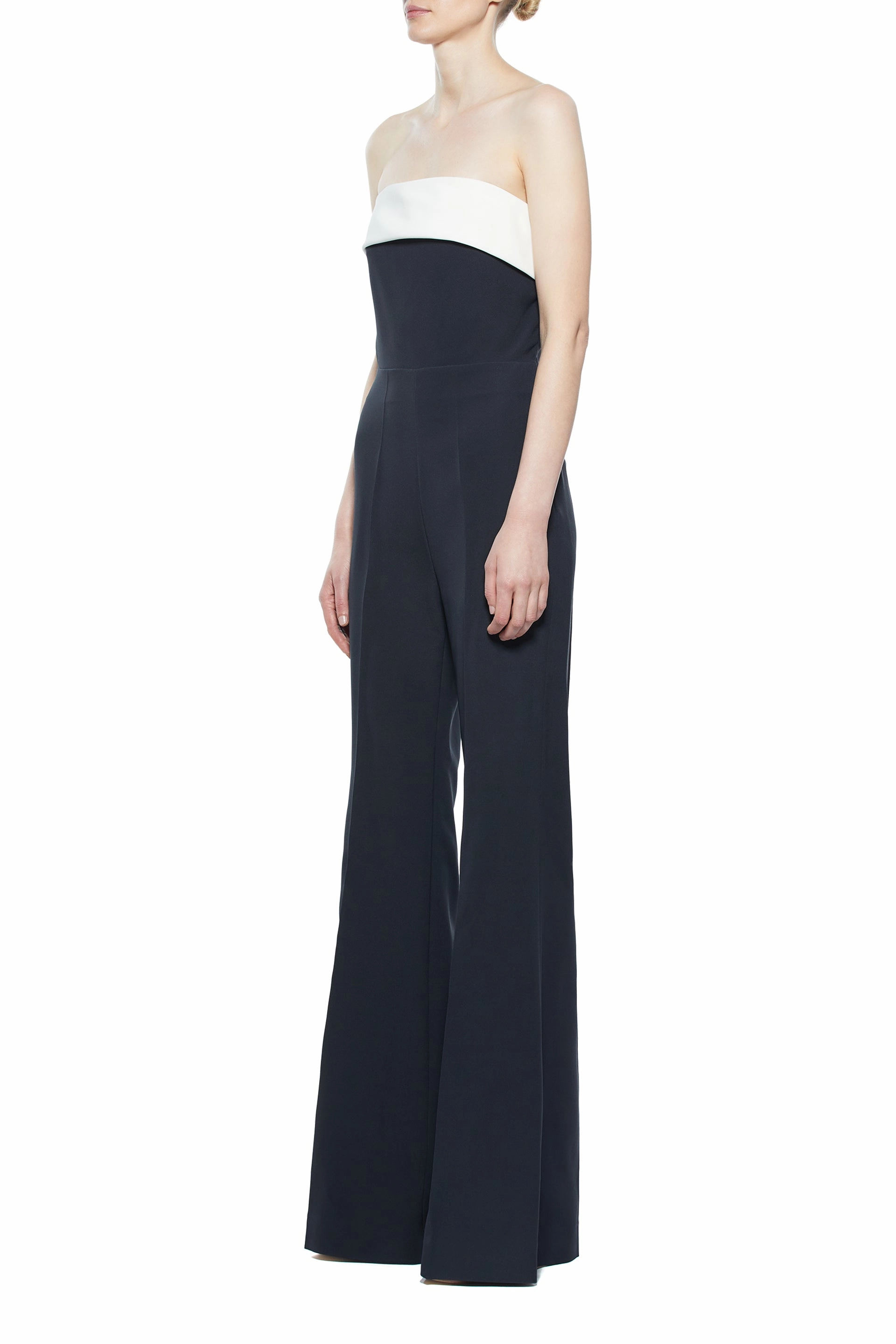 Vicky Jumpsuit in Black & Ivory Silk Wool Cady Sleek and Smart Clean Lines