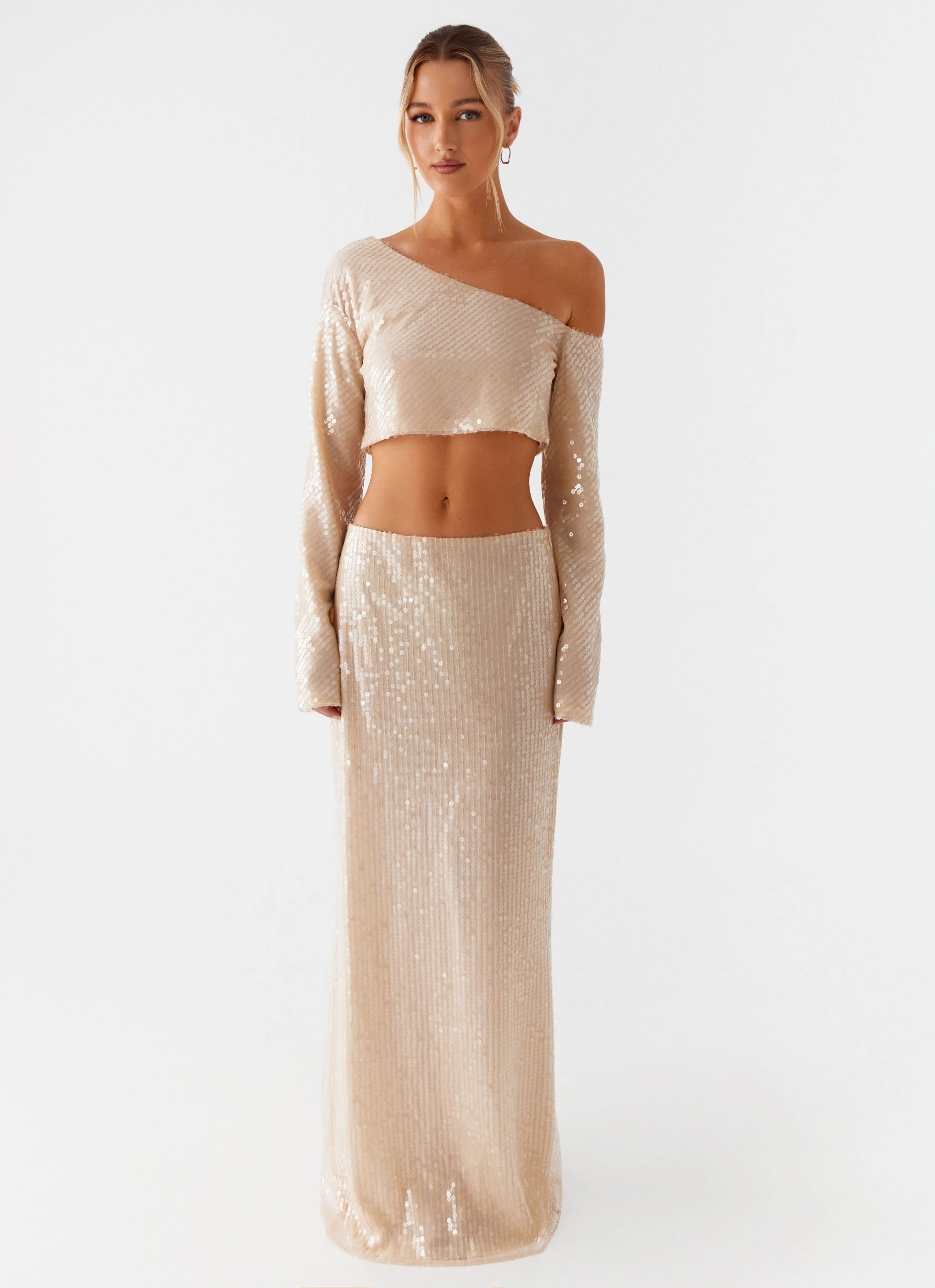 Wisteria Low Rise Sequin Maxi Skirt - Champagne High Rise