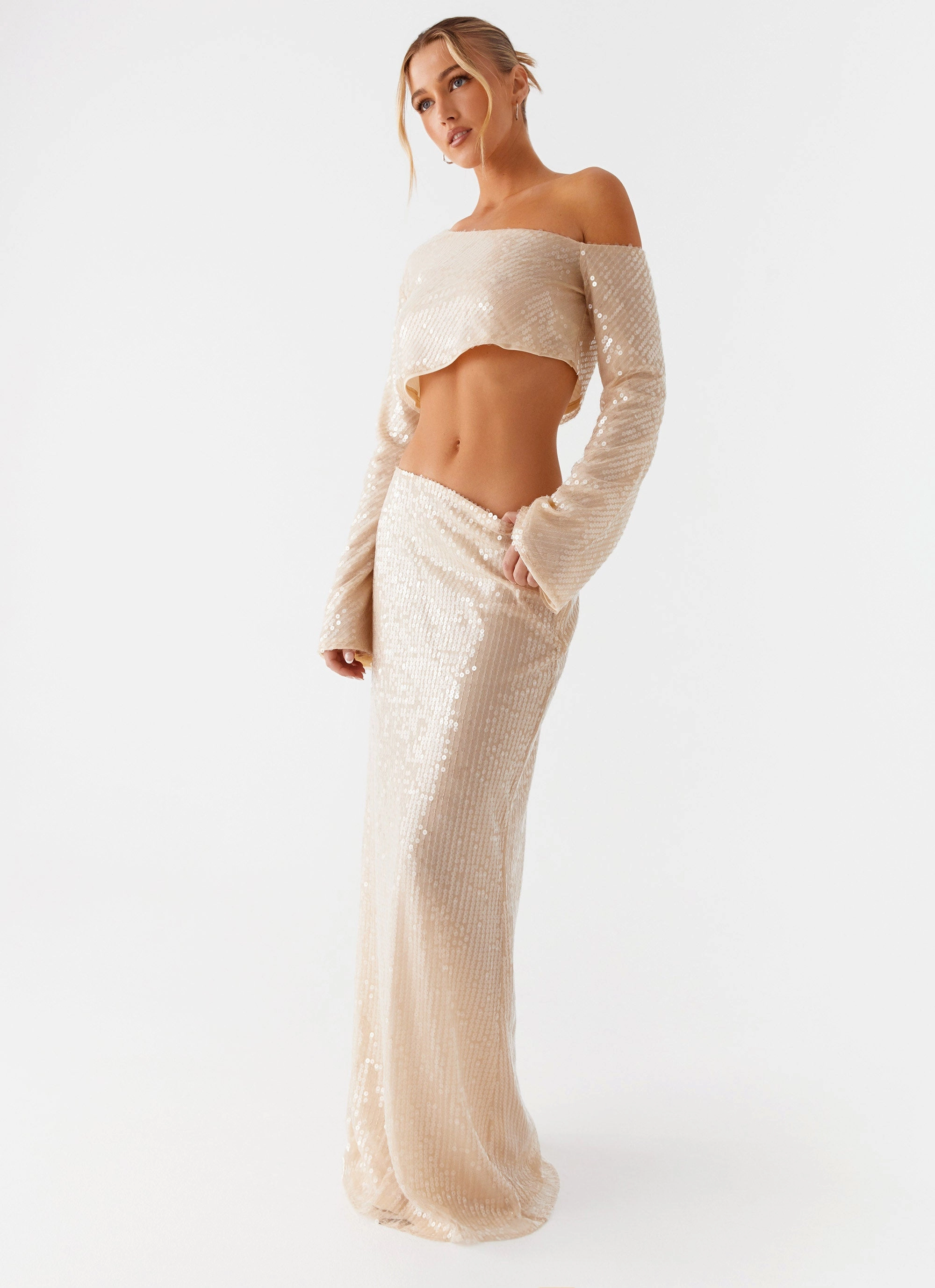 Wisteria Low Rise Sequin Maxi Skirt - Champagne Playful Vibe Sleek Motion