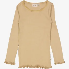 Distressed Hem Finish Versatile Style Rib T-Shirt Lace LS - latte