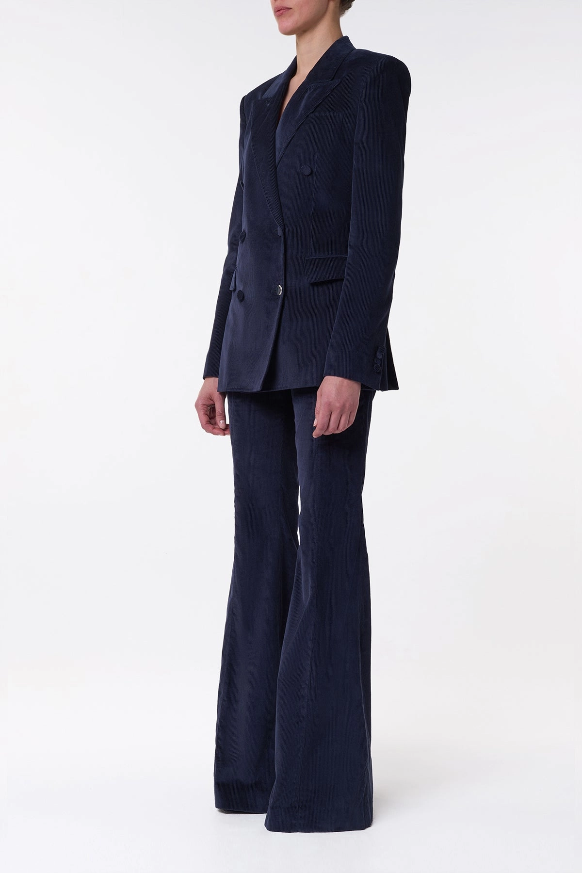 Tailored Look Wear Adjustable Hem Functionality Ianthe Flare Pant in Dark Navy Sea Island Cotton Corduroy