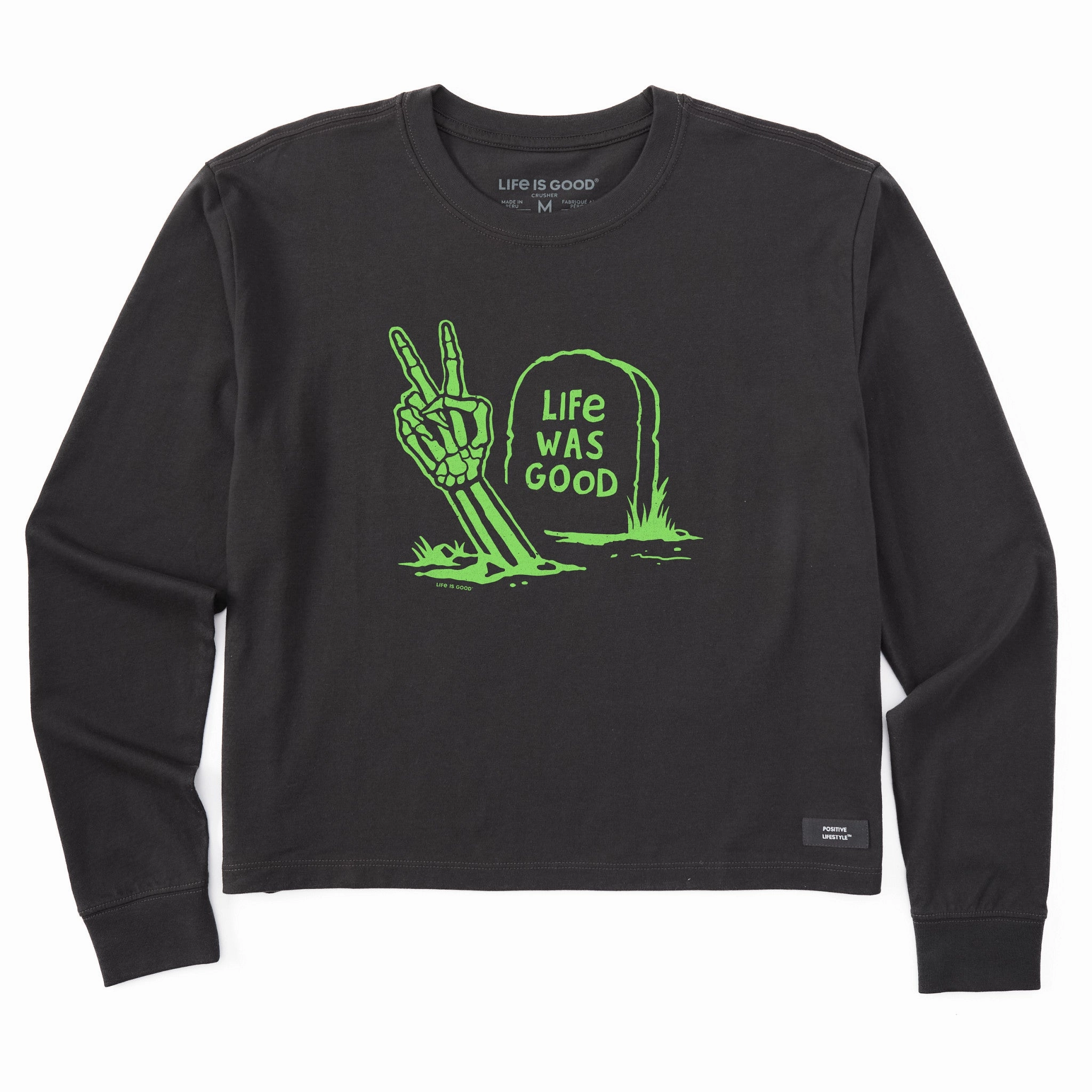 Relaxed Comfort Look DropShoulderDesign Women's Life Was Good Peace Out Long Sleeve Crusher Boxy Tee