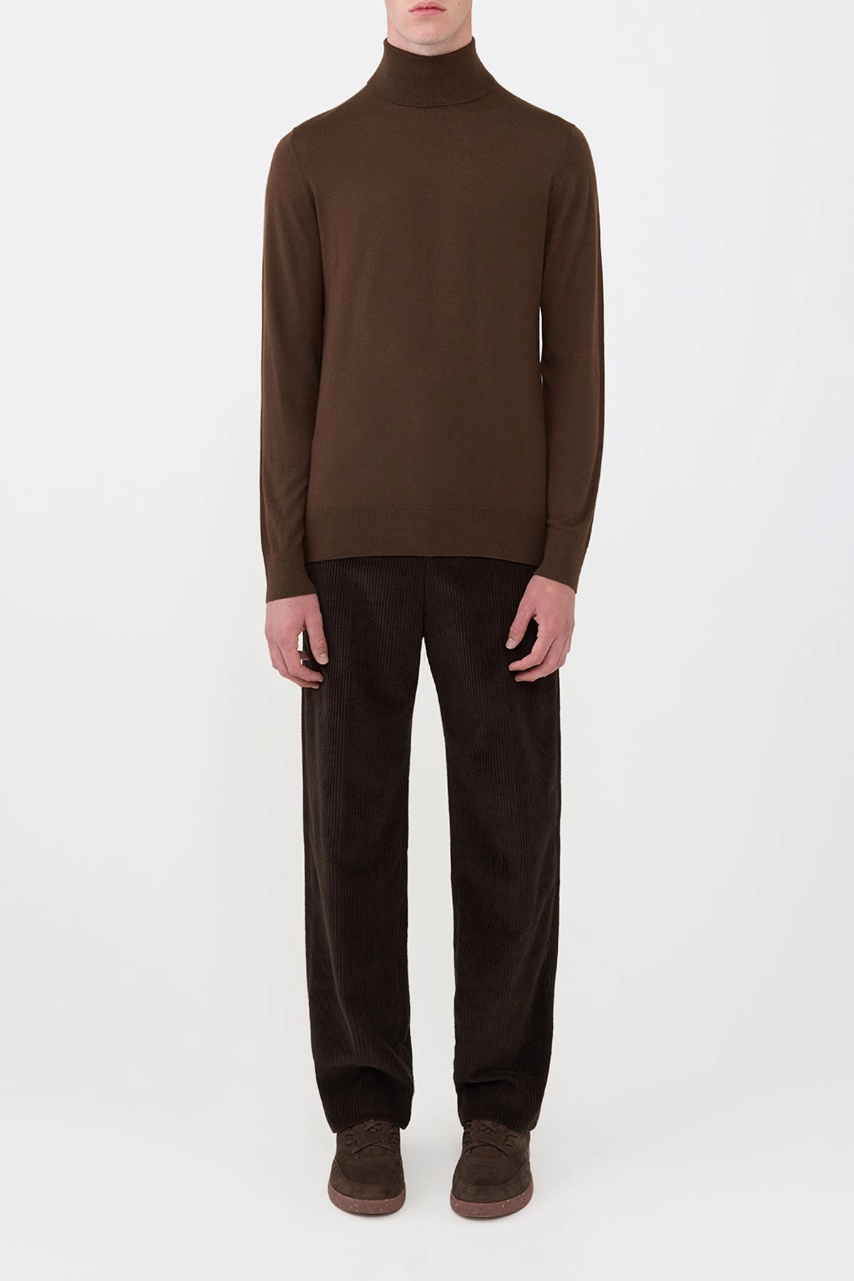 Autumn Ready Overlock Edge Finish Jermaine Knit Turtleneck in Chocolate Merino Wool
