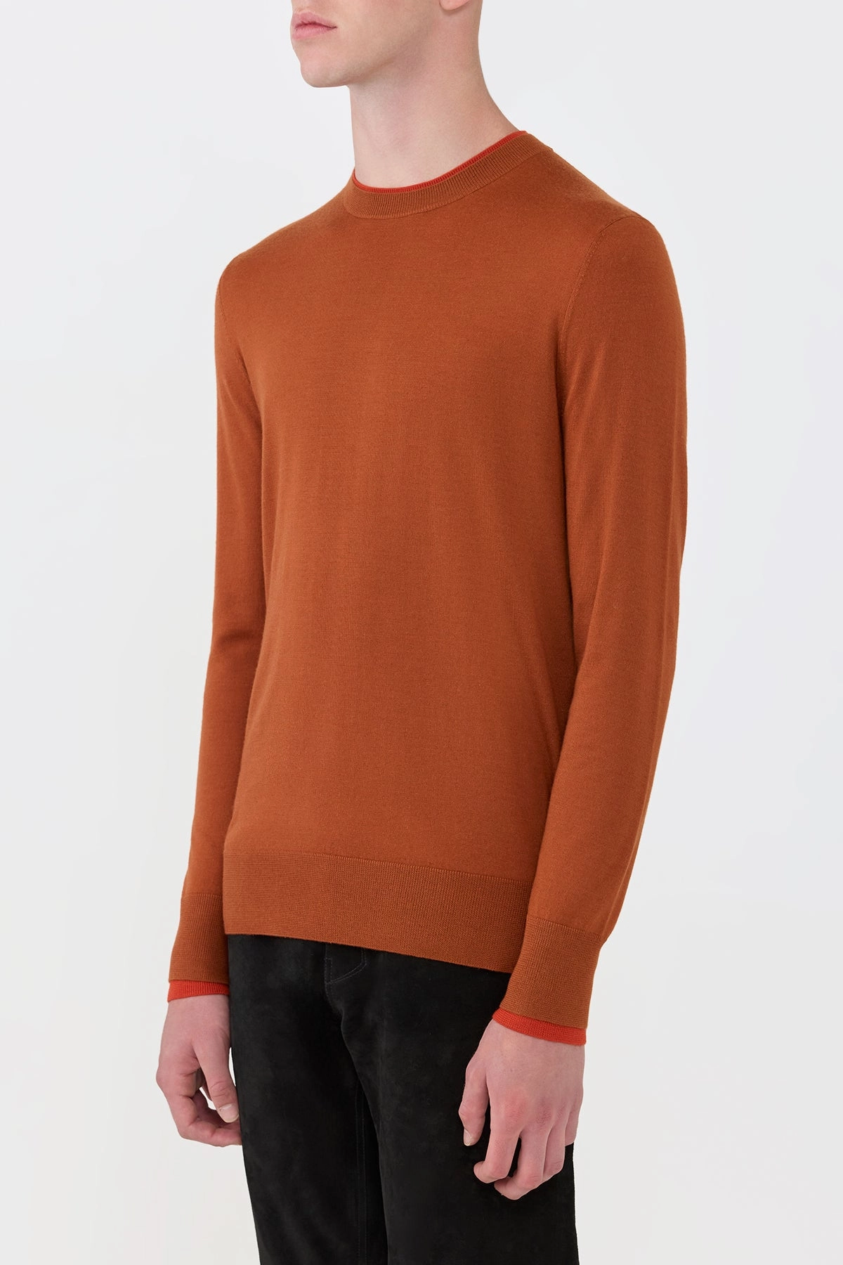 Wells Knit Sweater in Rust & Antelope Orange Cashmere Silk DoubleLayered Collar