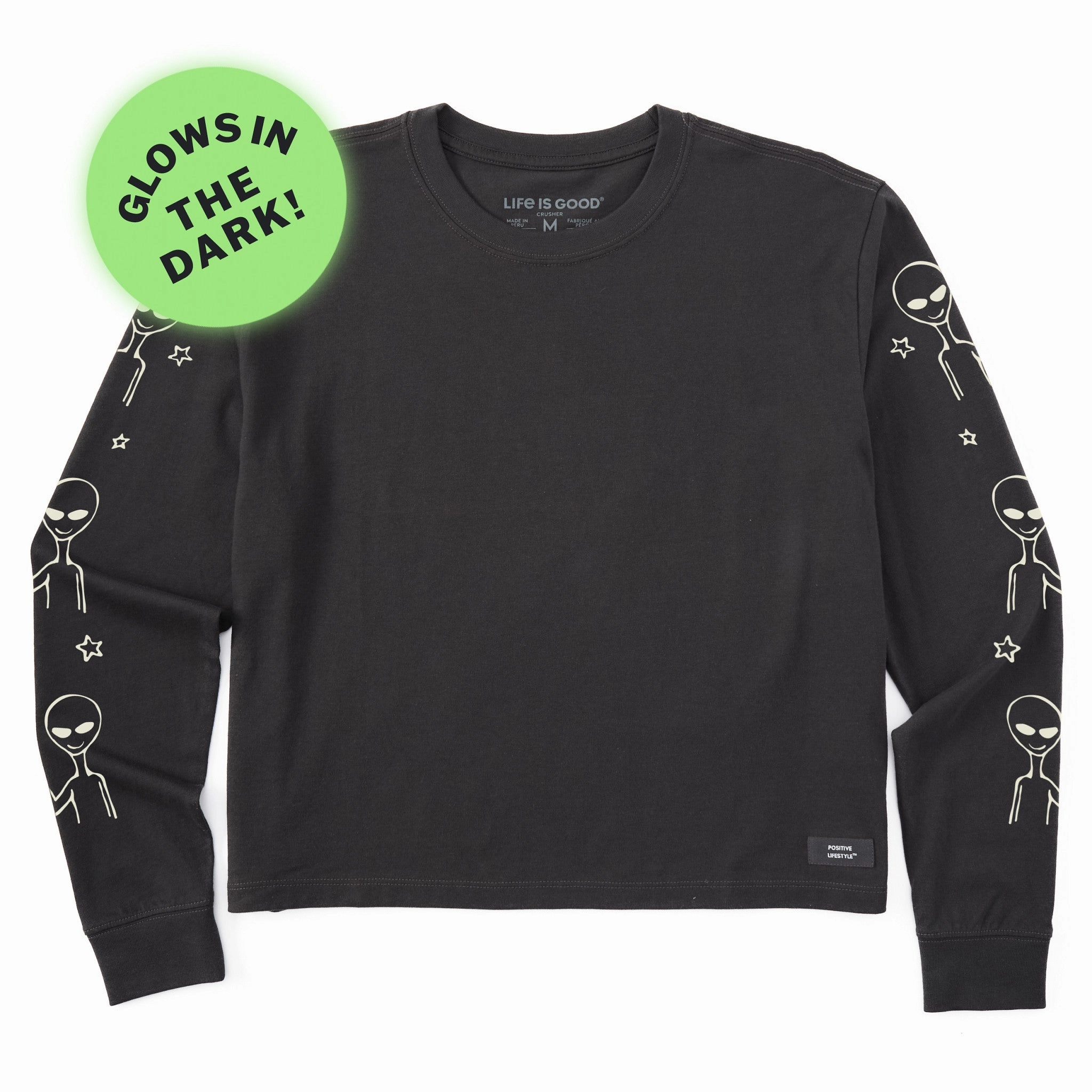 Relaxed Waistband Fashion Comfort Women's Alien Peace Out Long Sleeve Crusher Boxy Tee