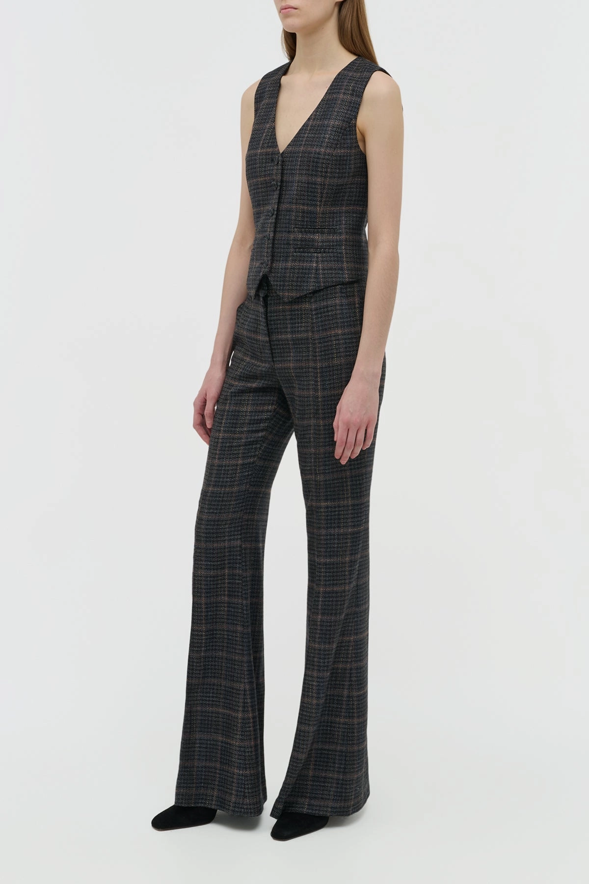 Comfort Wear Rhein Flare Pant in Charcoal Multi Wool Silk Clubcheck Plaid