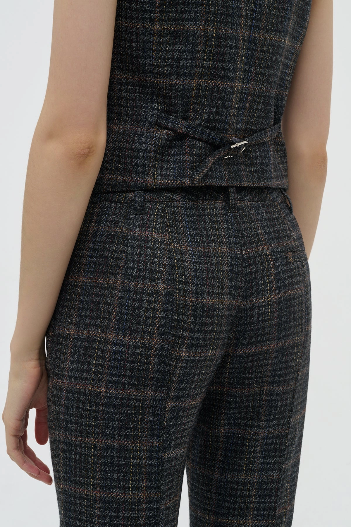 Rhein Flare Pant in Charcoal Multi Wool Silk Clubcheck Plaid Double Layered Collar Chic Tailored