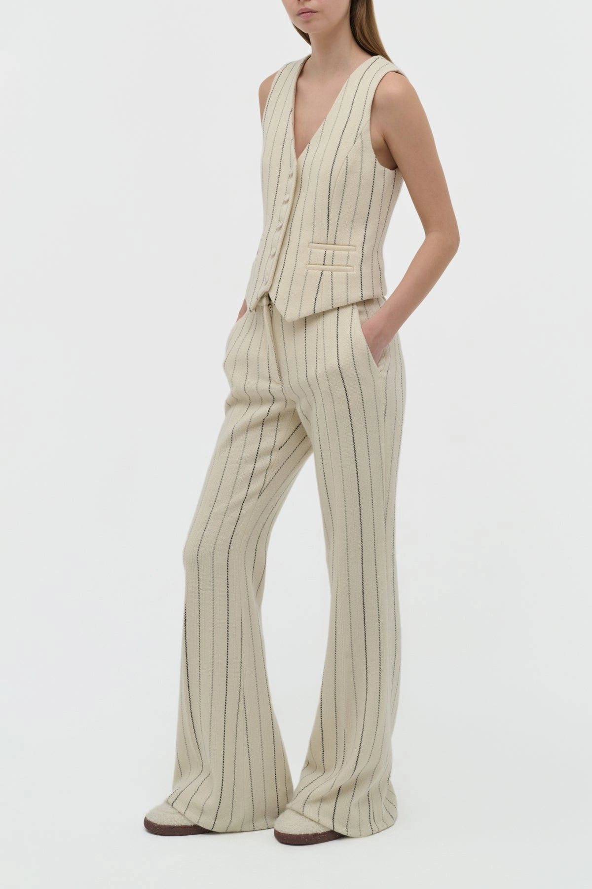 Rhein Flare Pant in Ivory Multi Pinstripe Wool Cashmere Sharp Look Design
