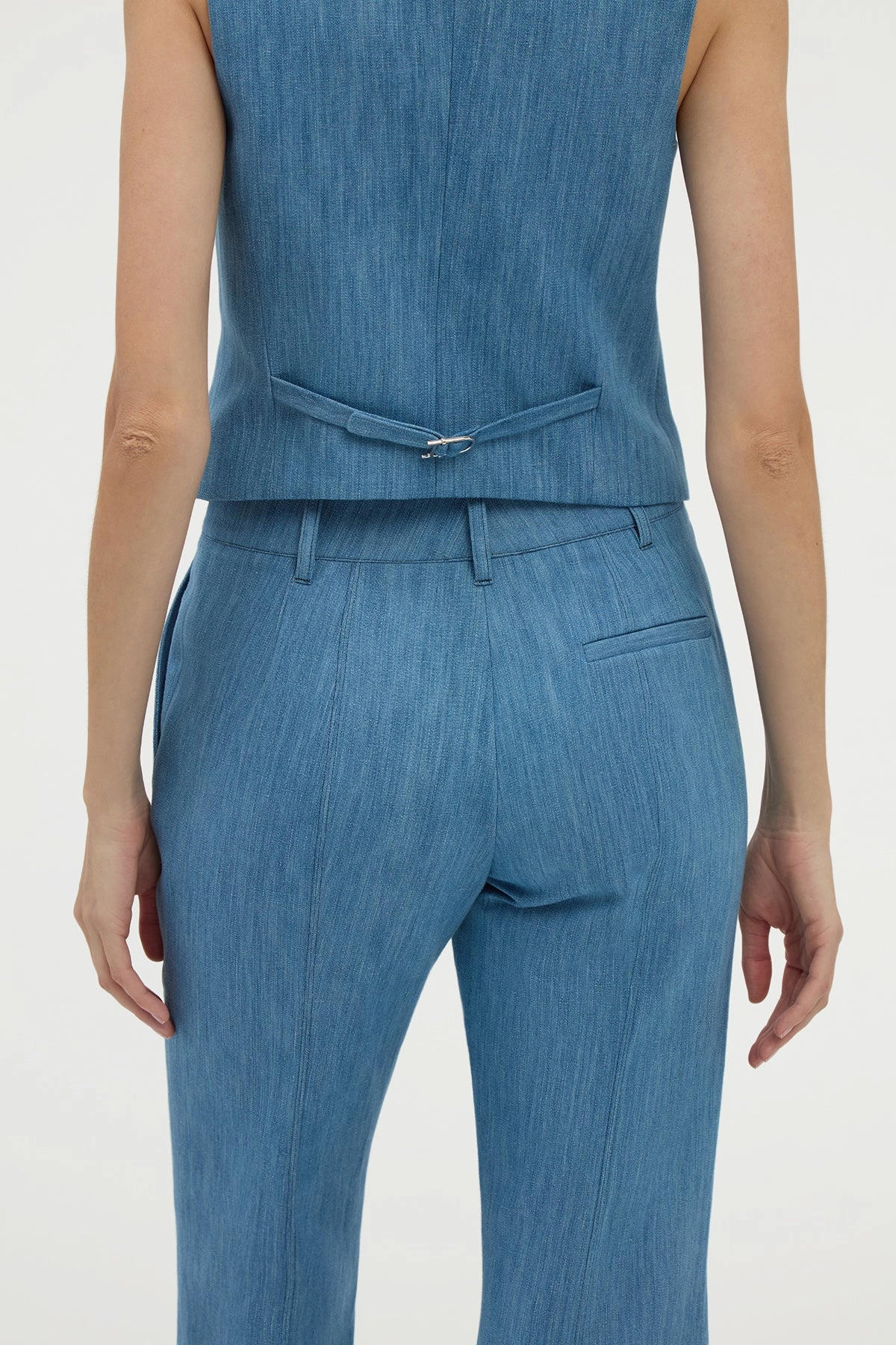 Chilly Day Fit Wrinkle Resistant Treatment Rhein Flare Pant in Medium Blue Recycled Cotton Linen Denim