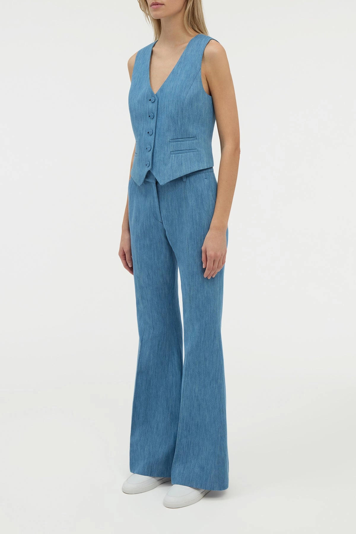 Sleek and Comfortable Rhein Flare Pant in Medium Blue Recycled Cotton Linen Denim