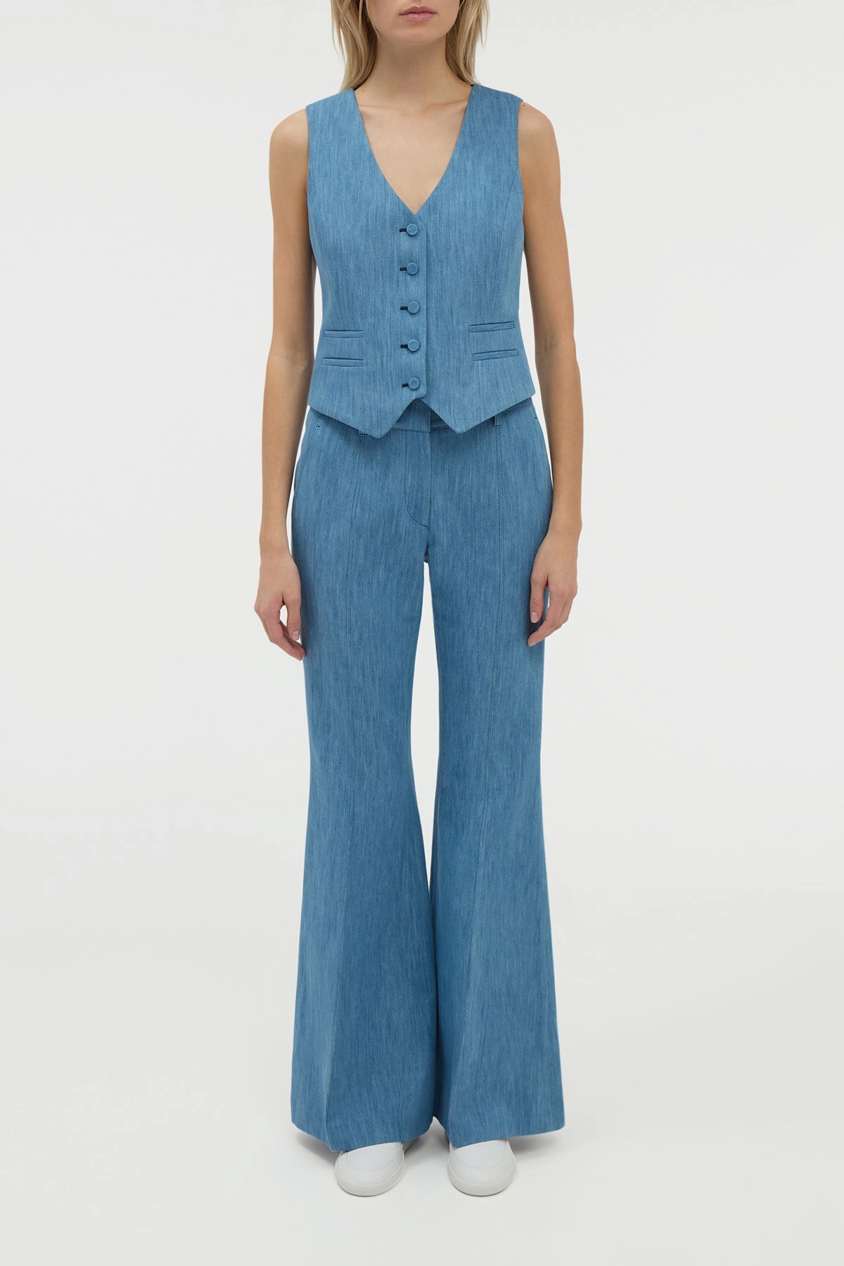 Rhein Flare Pant in Medium Blue Recycled Cotton Linen Denim Perfectly Fitted