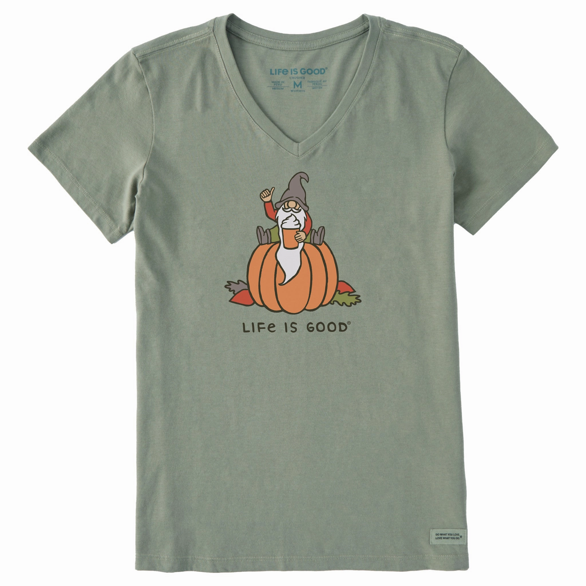 Women's Gnome Pumpkin Short Sleeve Crusher Vee Raw Edge Hem Everyday Chic