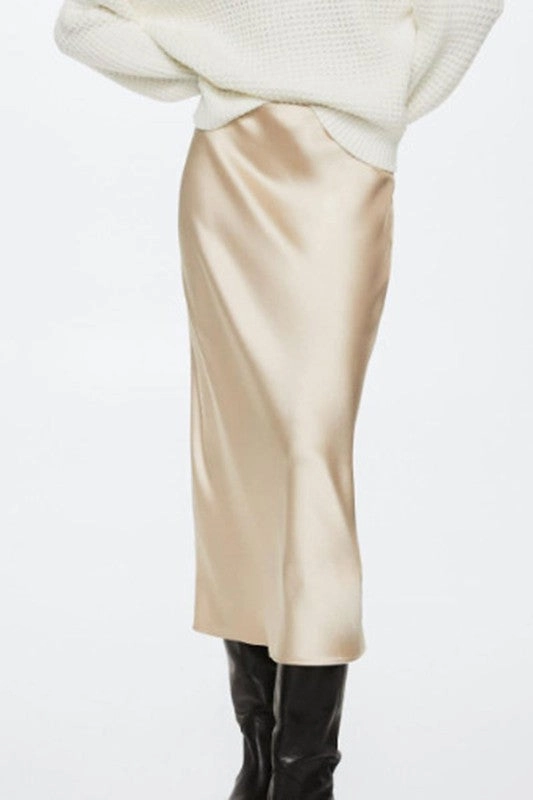 Two Tone Trim Crochet Style Satin Bias Cut Midi Skirts