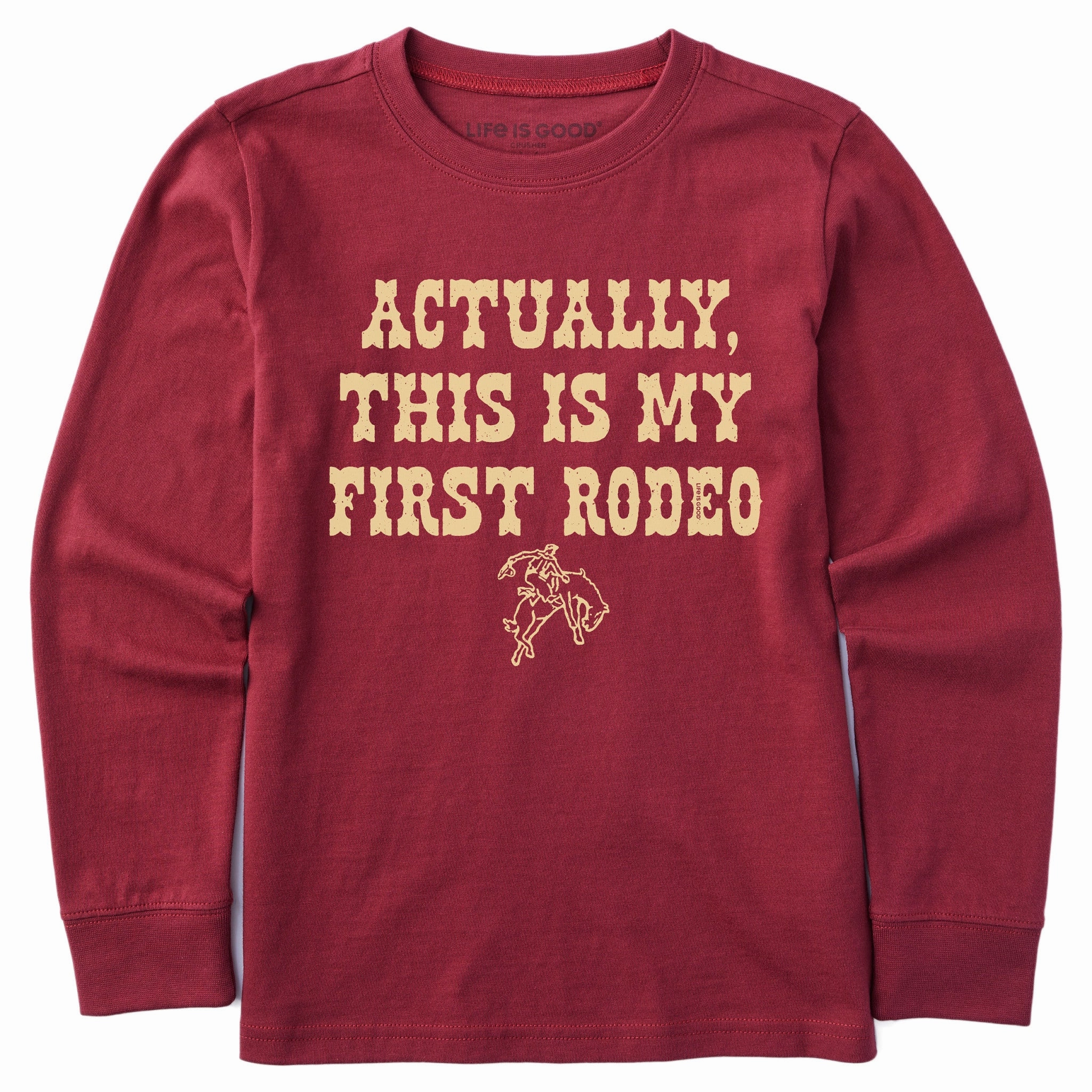 Kids Woodcut First Rodeo Long Sleeve Crusher Tee Stretch Material