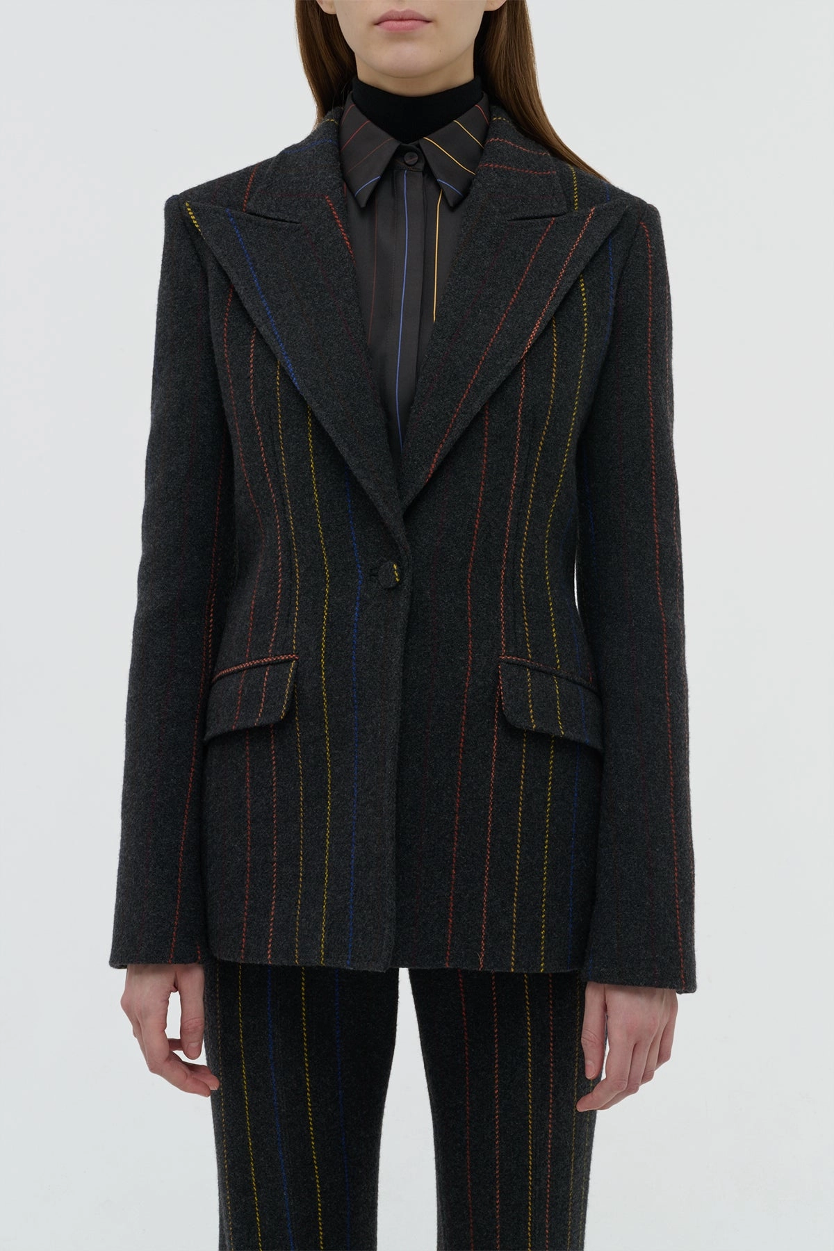 Leiva Blazer in Charcoal Multi Pinstripe Wool Cashmere All Season Wear Technology