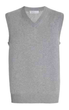 Fielding Knit Vest in Heather Grey Cashmere Crisp Texture Drop Shoulder Cut