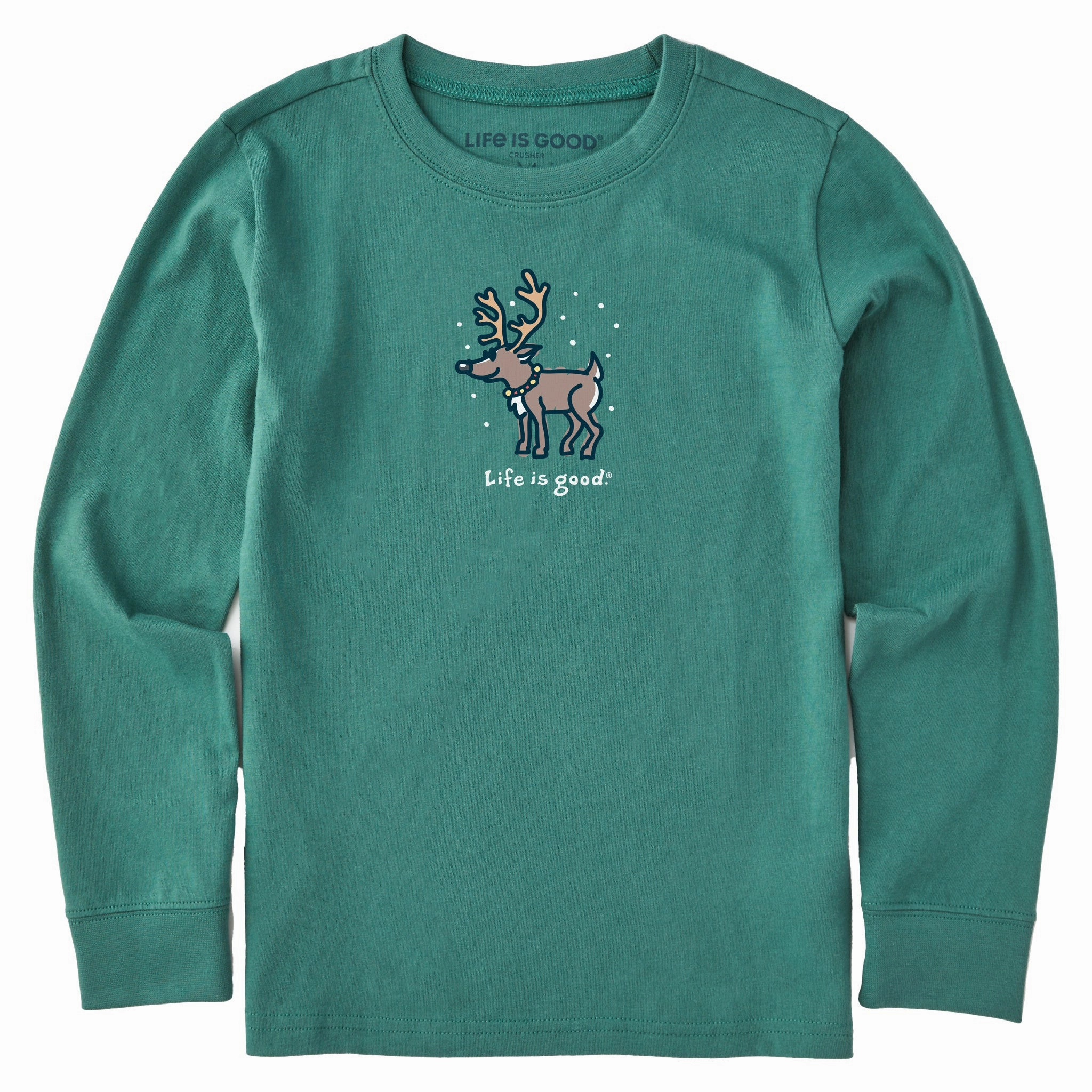 Kids Snowy Reindeer Long Sleeve Crusher Tee Functional Side Gussets Street Style Trend