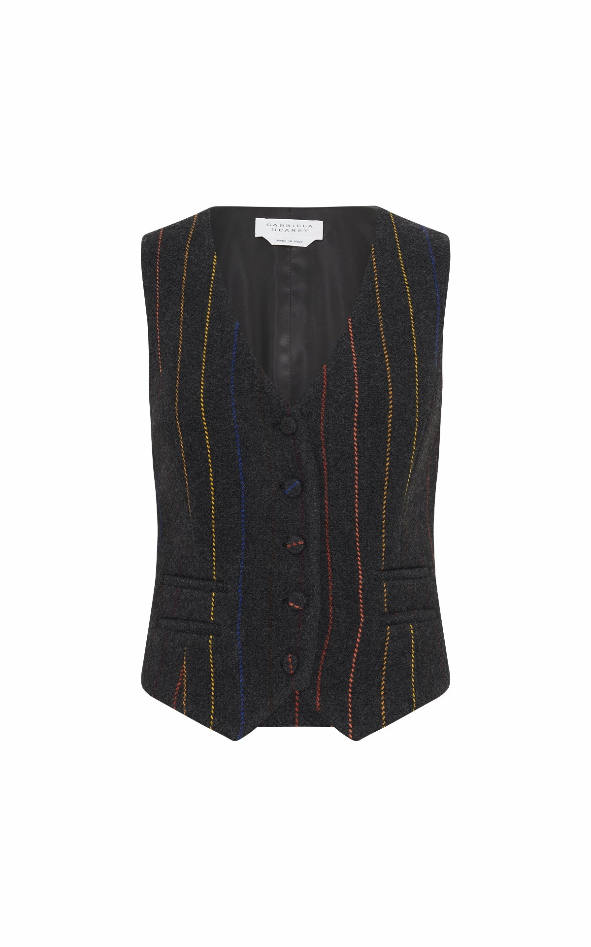 Stylish Comfort Chic Tailored Design Coleridge Vest in Charcoal Multi Pinstripe Wool Cashmere