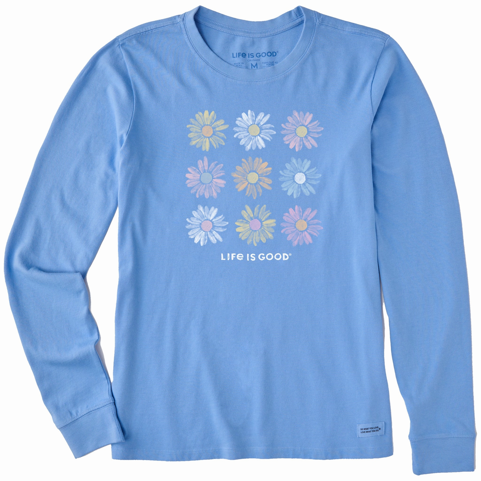 Women's Grid of Painted Daisies Long Sleeve Crusher Tee Sustainable Textile