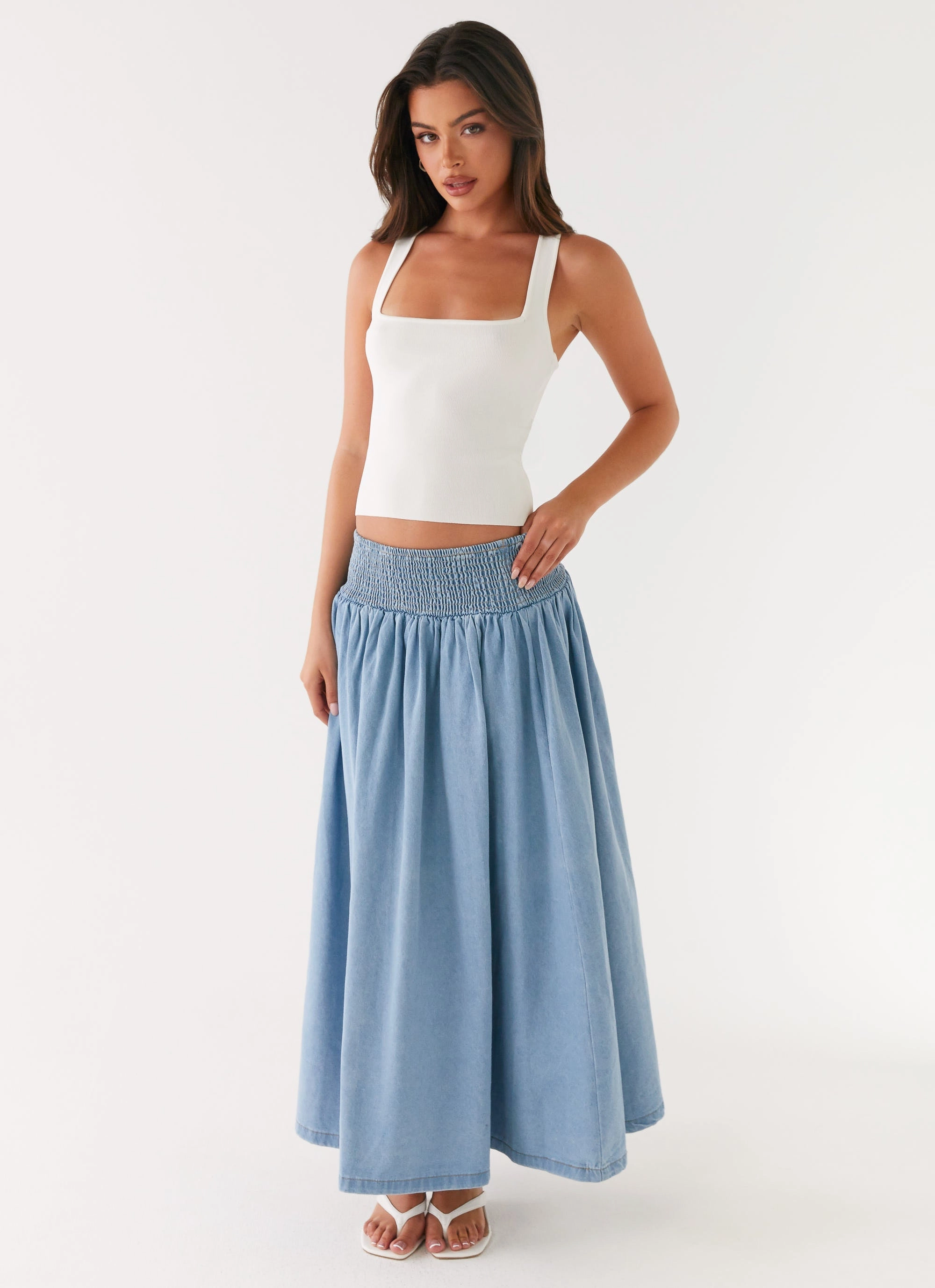 Soft Texture Heater Midi Skirt - Washed Blue
