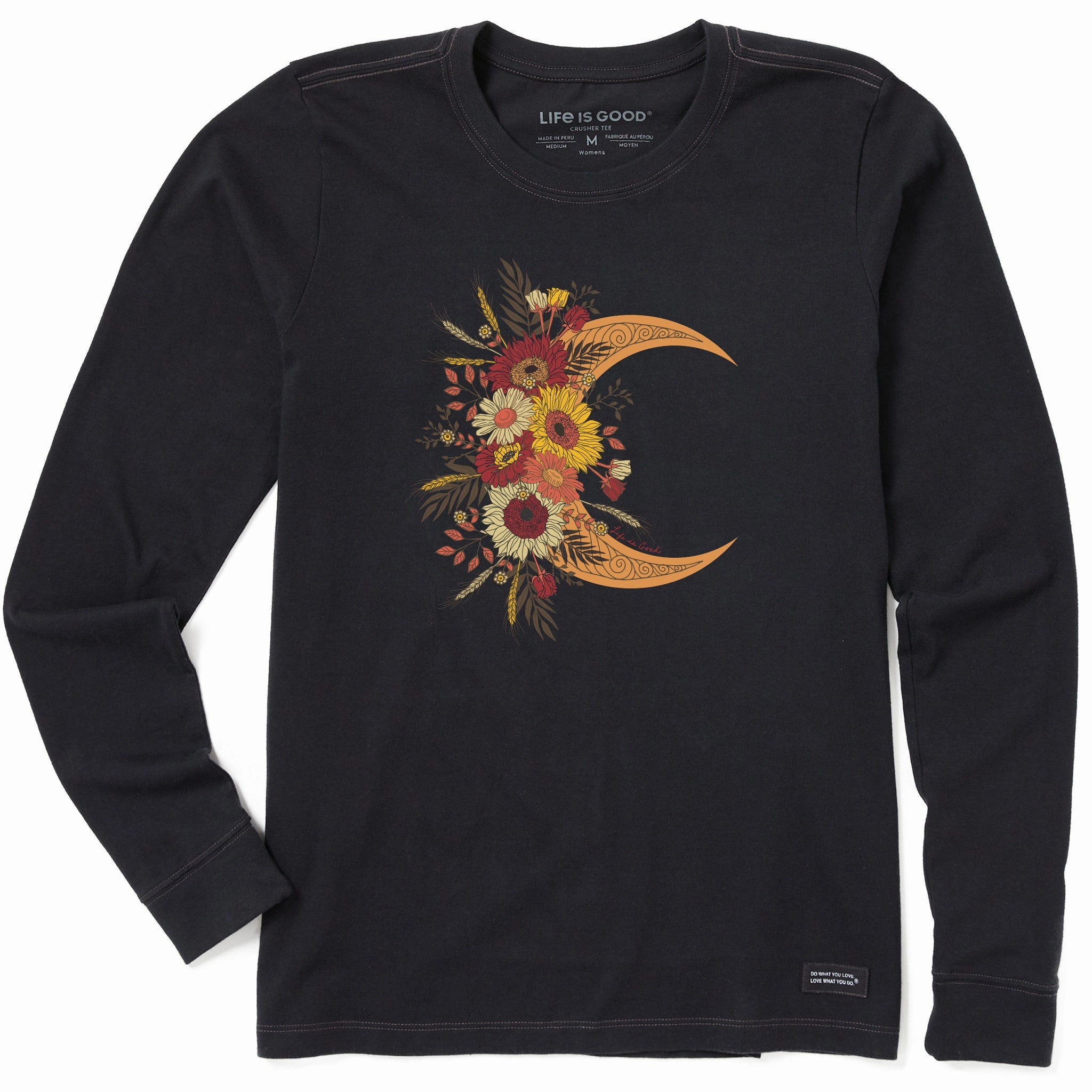 Fashionable Look Women's Fall Moon and Flowers Long Sleeve Crusher Tee
