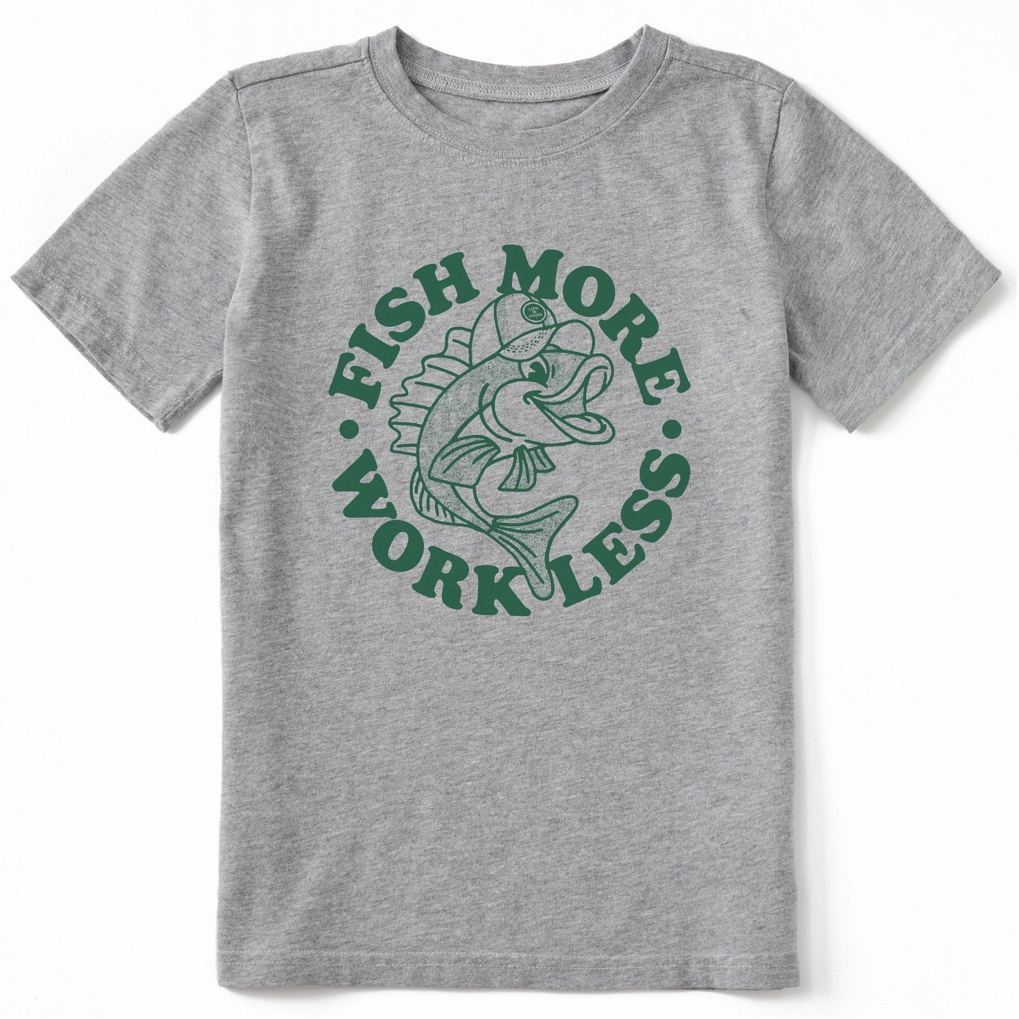 Kids Matchbook Fish More Work Less Short Sleeve Crusher Tee Simple and Relaxed Seam Free Back