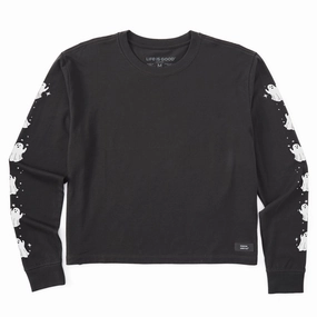Women's Sparkly Ghosts Long Sleeve Crusher Boxy Tee Comfy Essentials Cozy Wear Fit