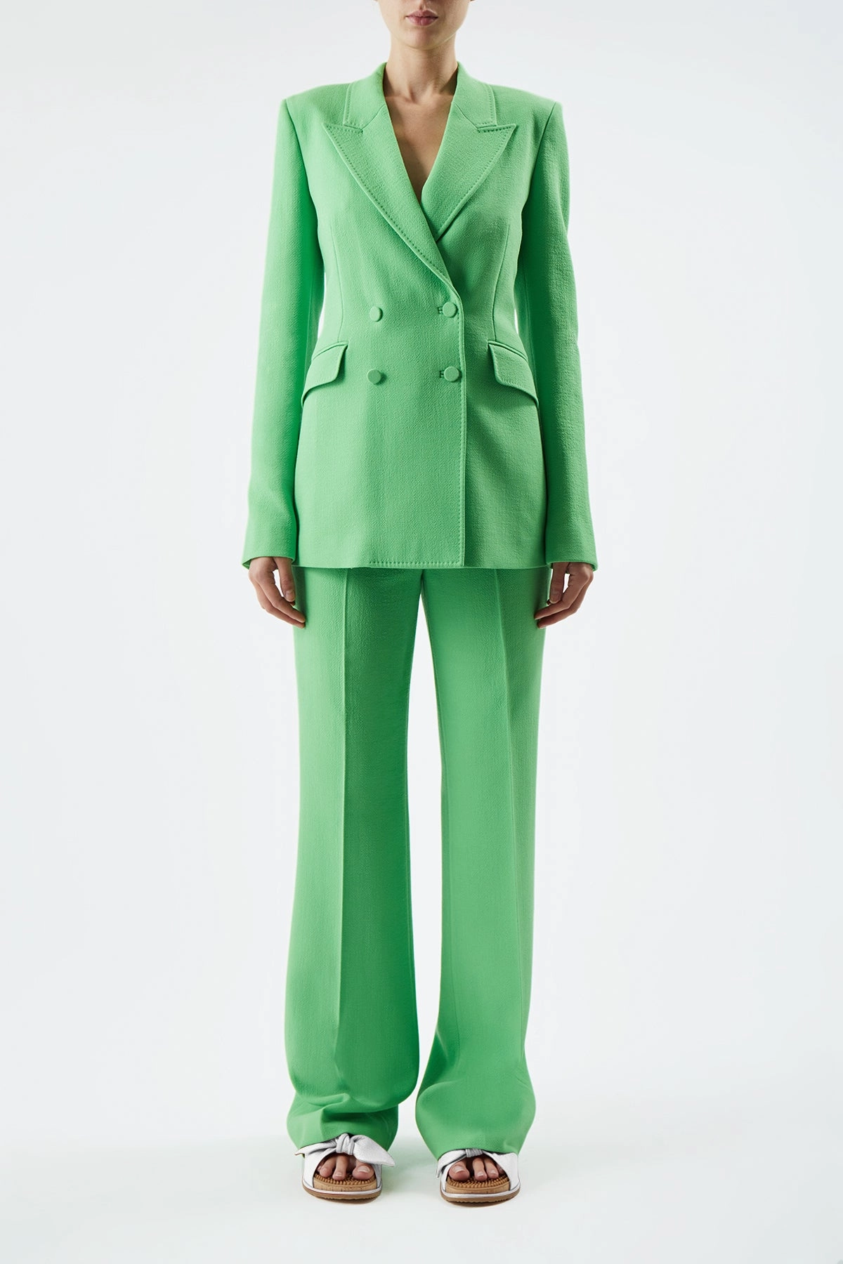 Flattering Design Wear Luxury Business Style Stephanie Blazer in Fluorescent Green Virgin Wool Crepe
