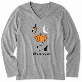 Women's Flamingo Pumpkin Long Sleeve Crusher Vee Lightweight Shirt Weekend Outfit