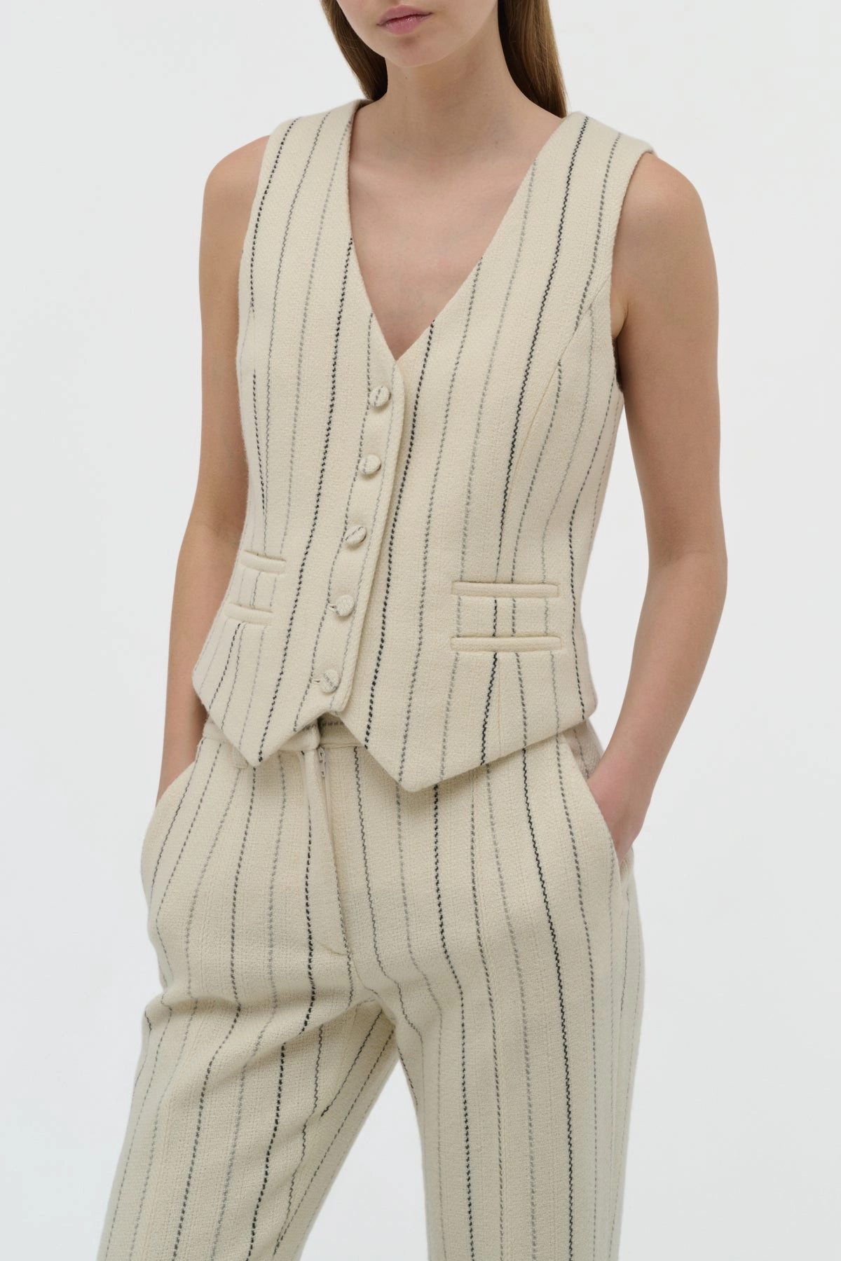 Sleek Tailoring Flexible Shoulder Design Coleridge Vest in Ivory Multi Pinstripe Wool Cashmere