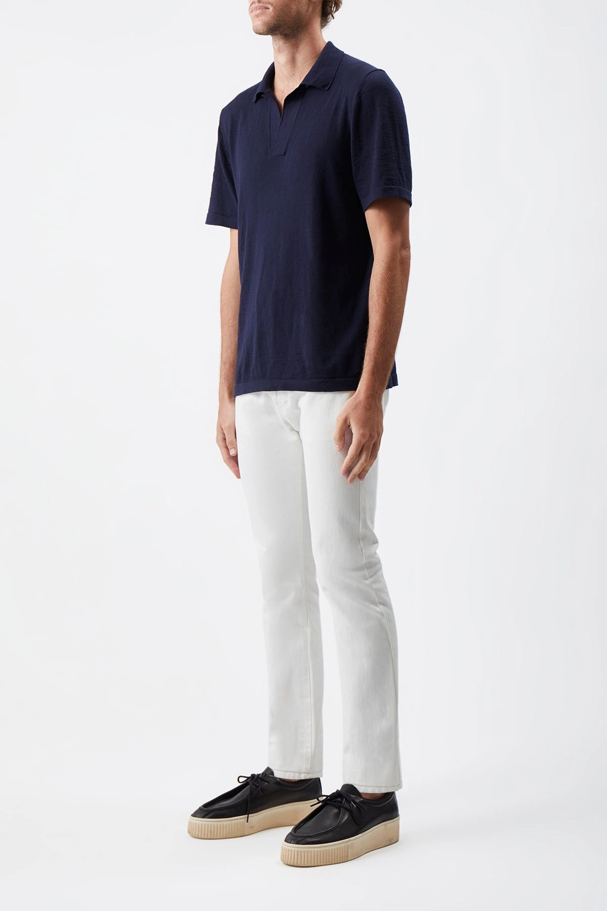 Stendhal Knit Short Sleeve Polo in Navy Cashmere Compression Fit Technology