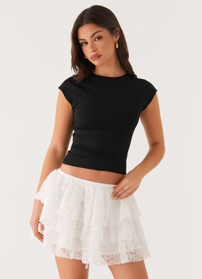 Erin Layered Mini Skirt - White Inverted Pleats Outfit Display
