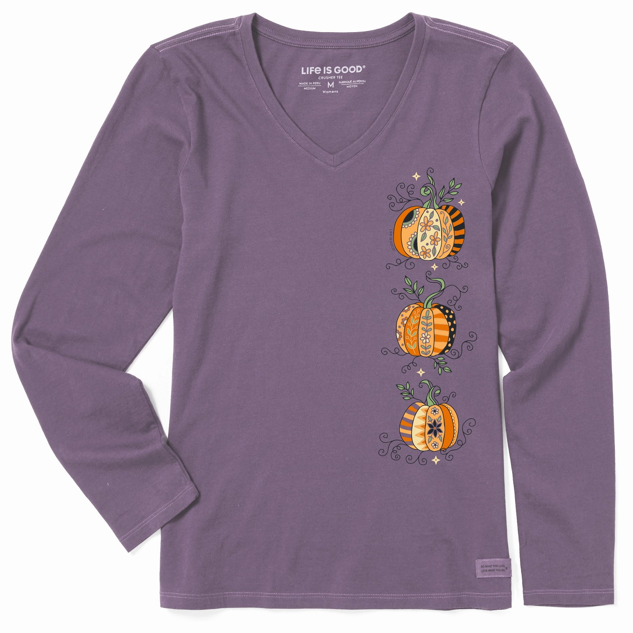 Women's Three Patchwork Pumpkins Long Sleeve Crusher Vee All-Day Comfort Wear