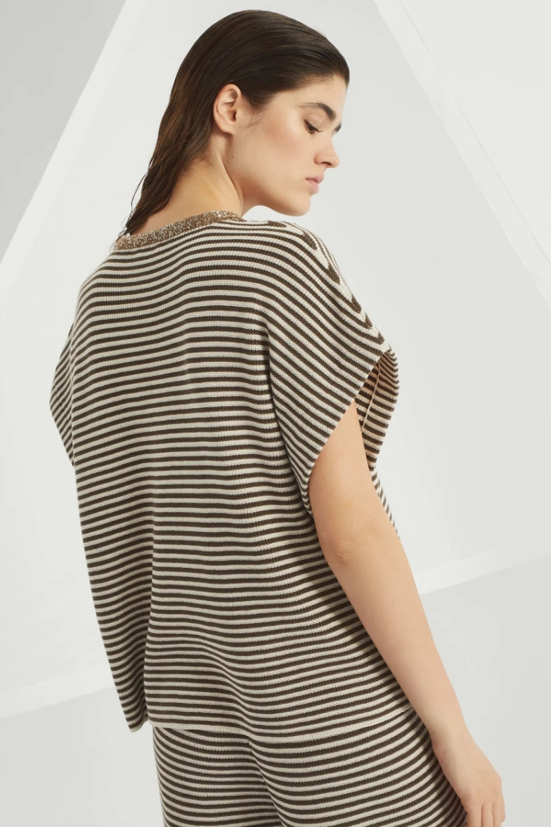 Dazzling Collar Striped Top sequined details proper length