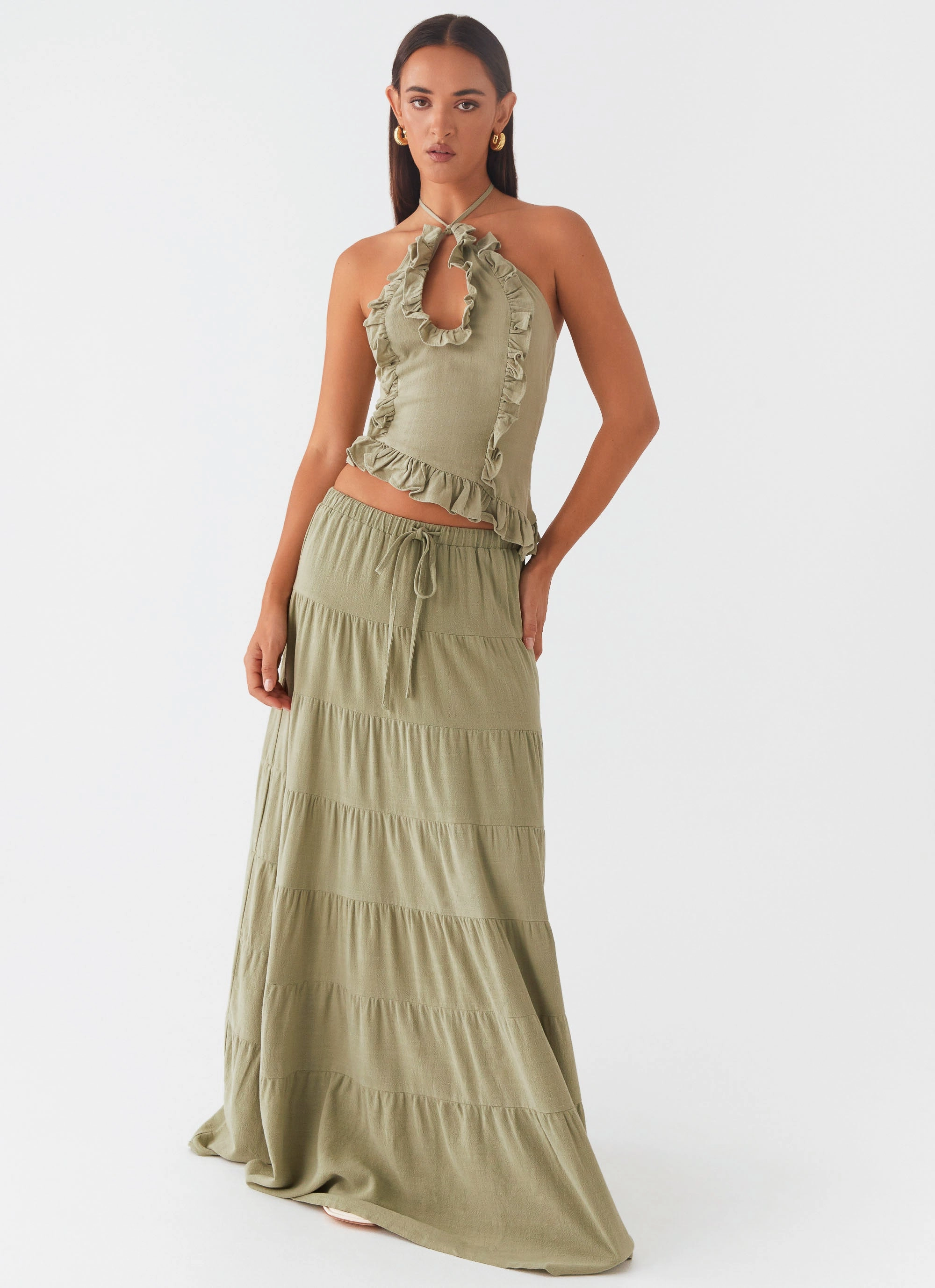 Fresh Texture Elasticized Cuff Mariella Linen Maxi Skirt - Sage