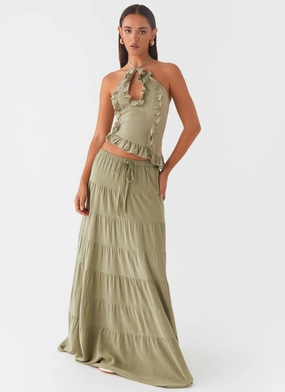 Fresh Texture Elasticized Cuff Mariella Linen Maxi Skirt - Sage