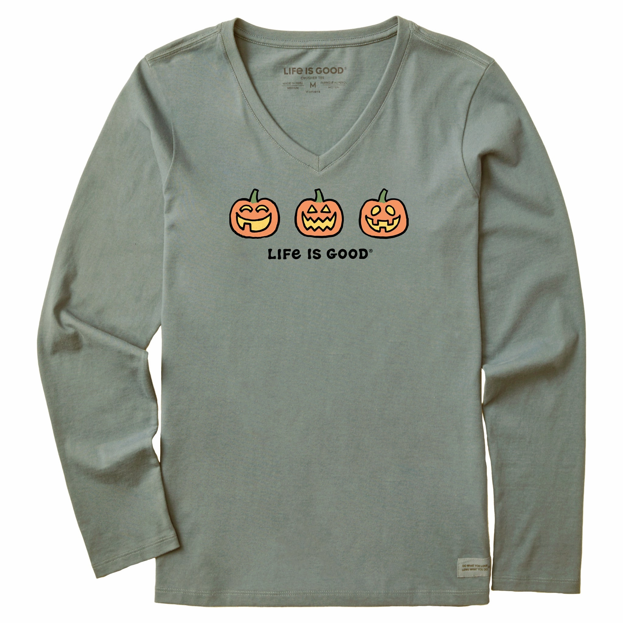 Textured Surface Multi Panel Structure Women's Three Jack O'Lanterns Long Sleeve Crusher Vee