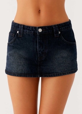 Non see through Tropics Low Rise Denim Mini Skort - Washed Dark Blue