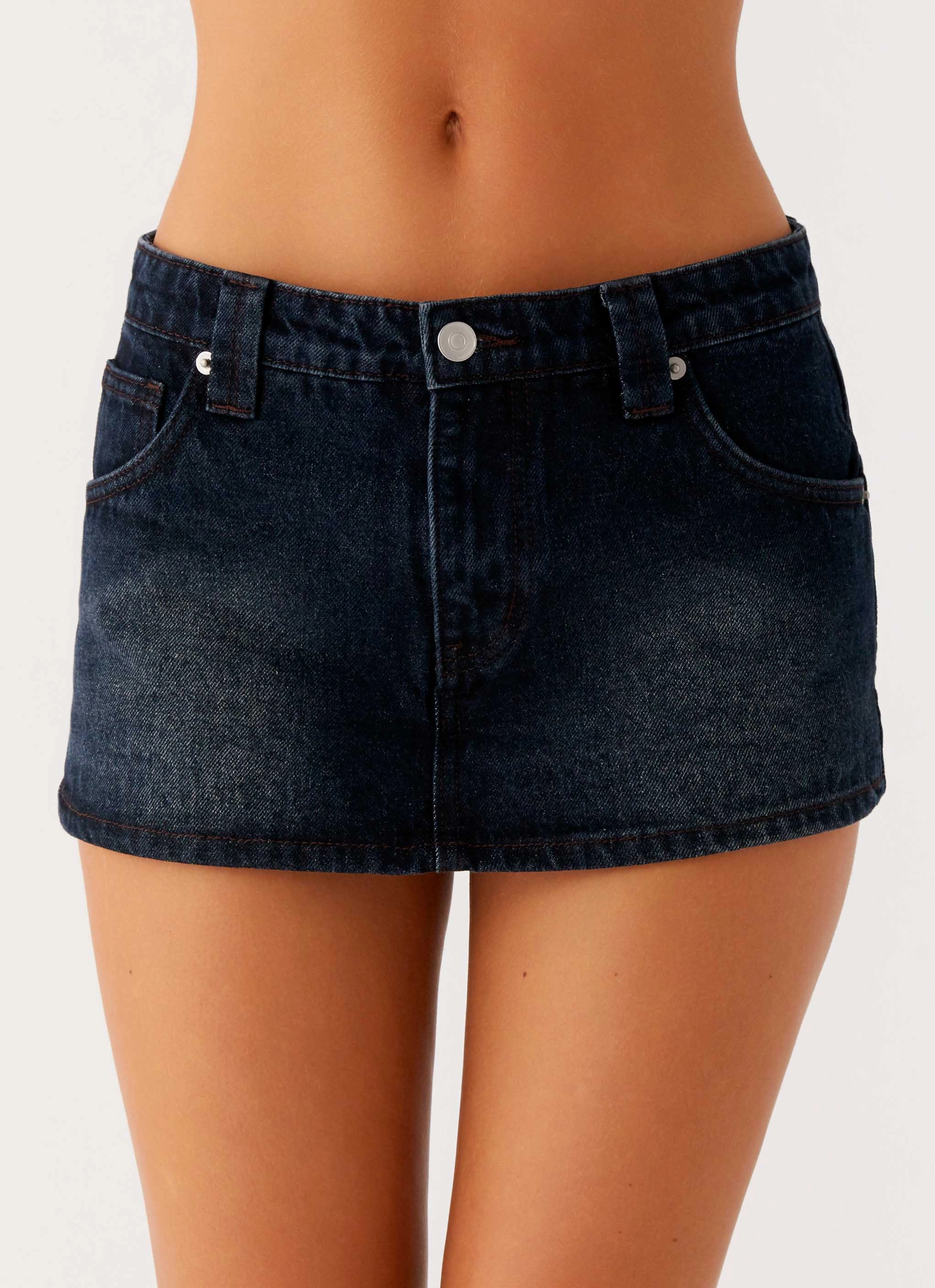 Non see through Tropics Low Rise Denim Mini Skort - Washed Dark Blue