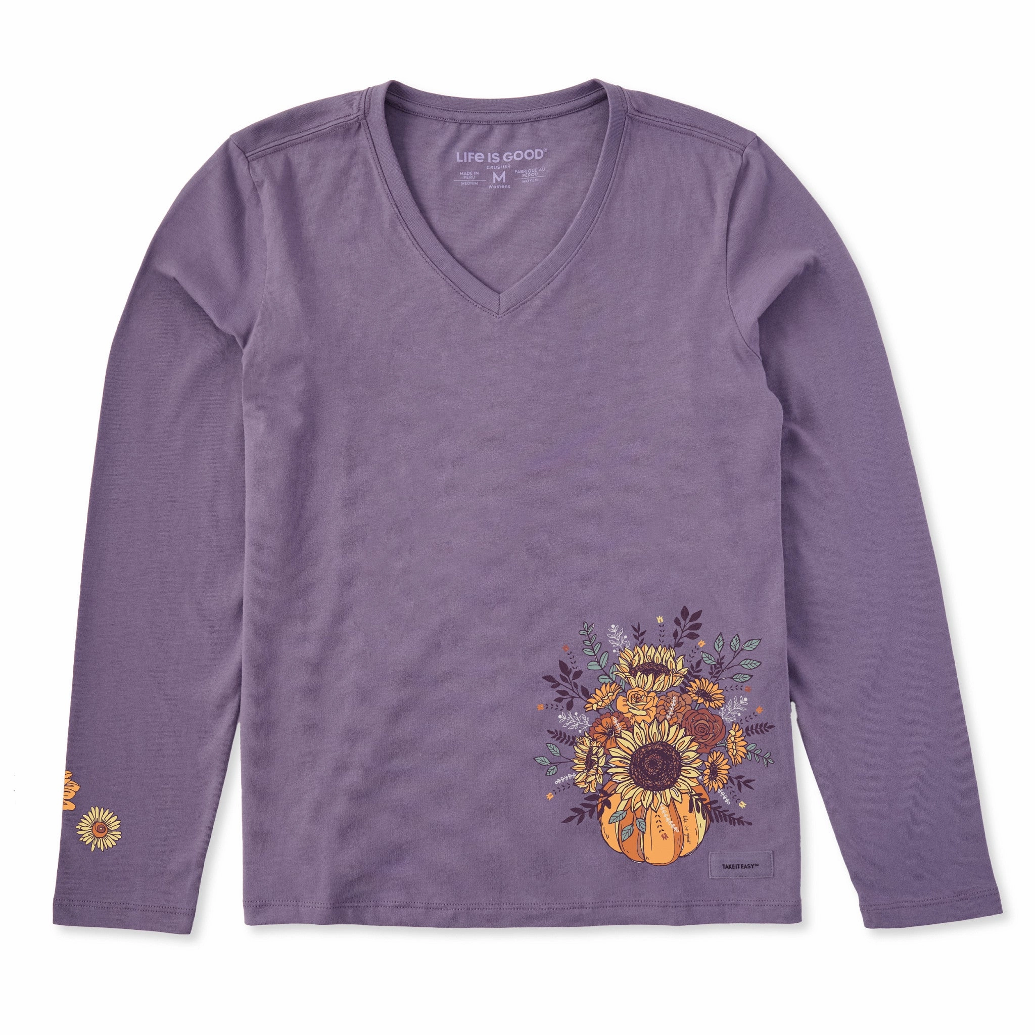 Women's Pumpkin Full of Sunflowers Long Sleeve Crusher Vee Adjustable Hem Seasonal Must-Have