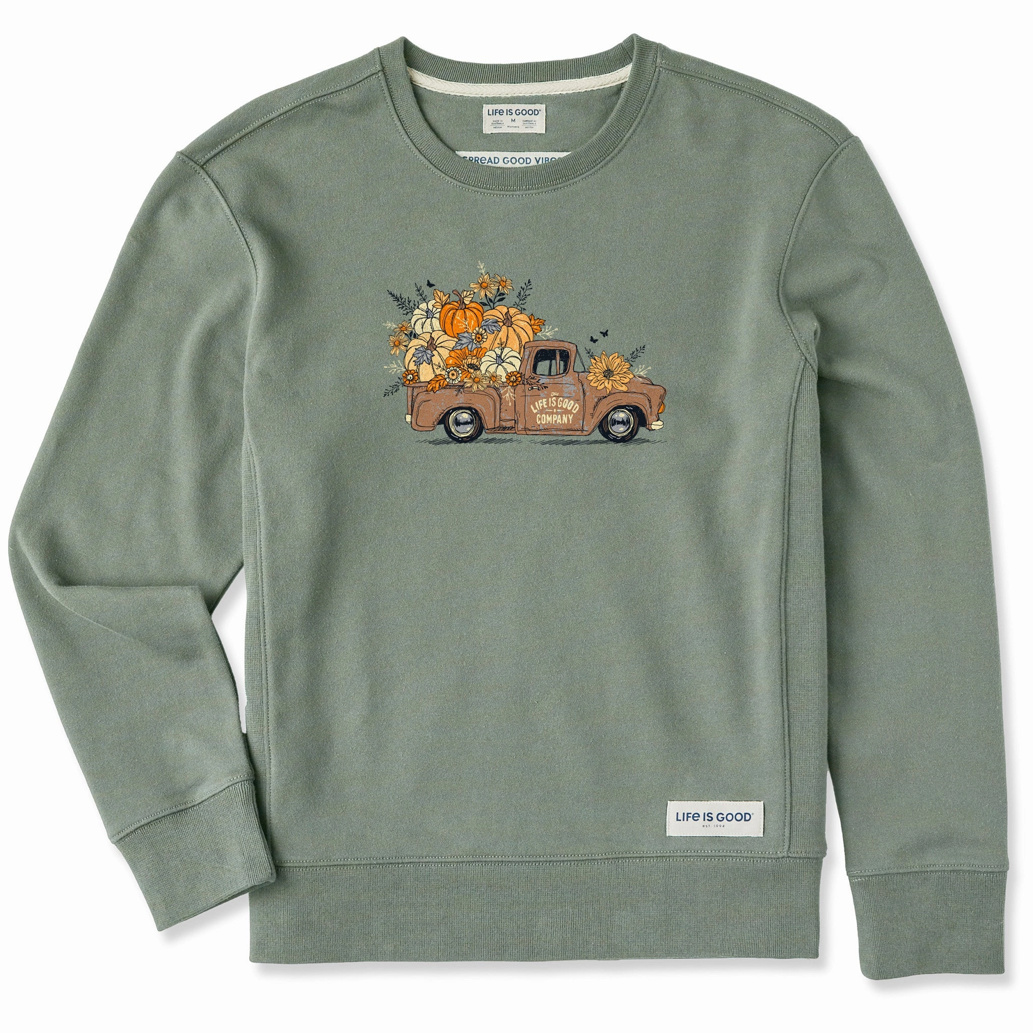 Women's Fall Flowers & Pumpkins Pickup Simply True Fleece Crew Stretchable Knit Adaptable