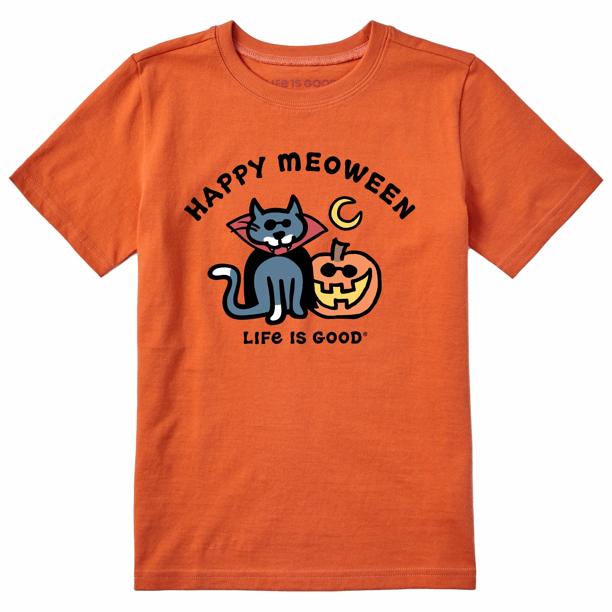 Kids Happy Meoween Cat & Pumpkin Short Sleeve Crusher Tee Reinforced Neckline Layered Look Wear