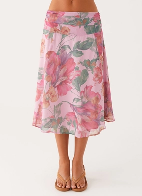 Valley Midi Skirt - Pink Floral Fold Over Detail