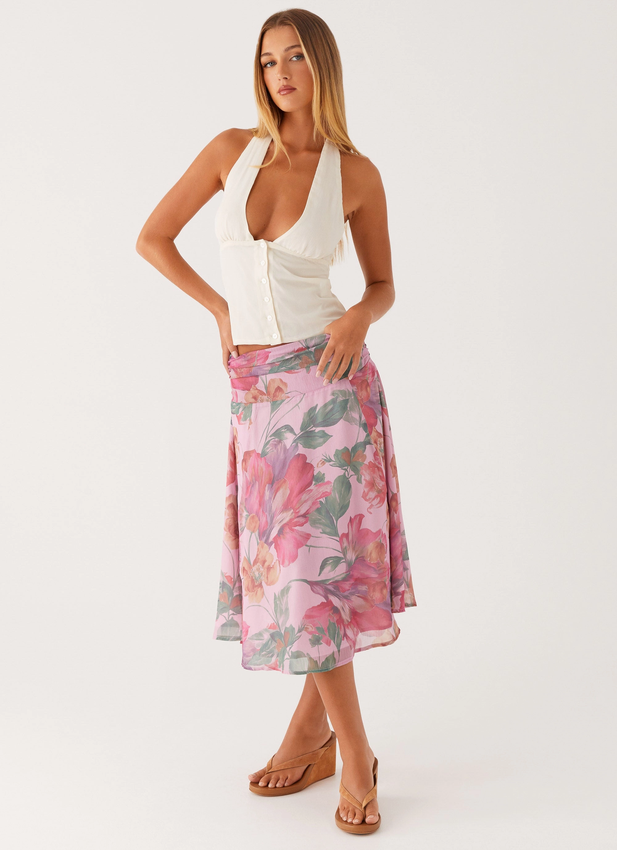 ribbed texture Neat Style Valley Midi Skirt - Pink Floral