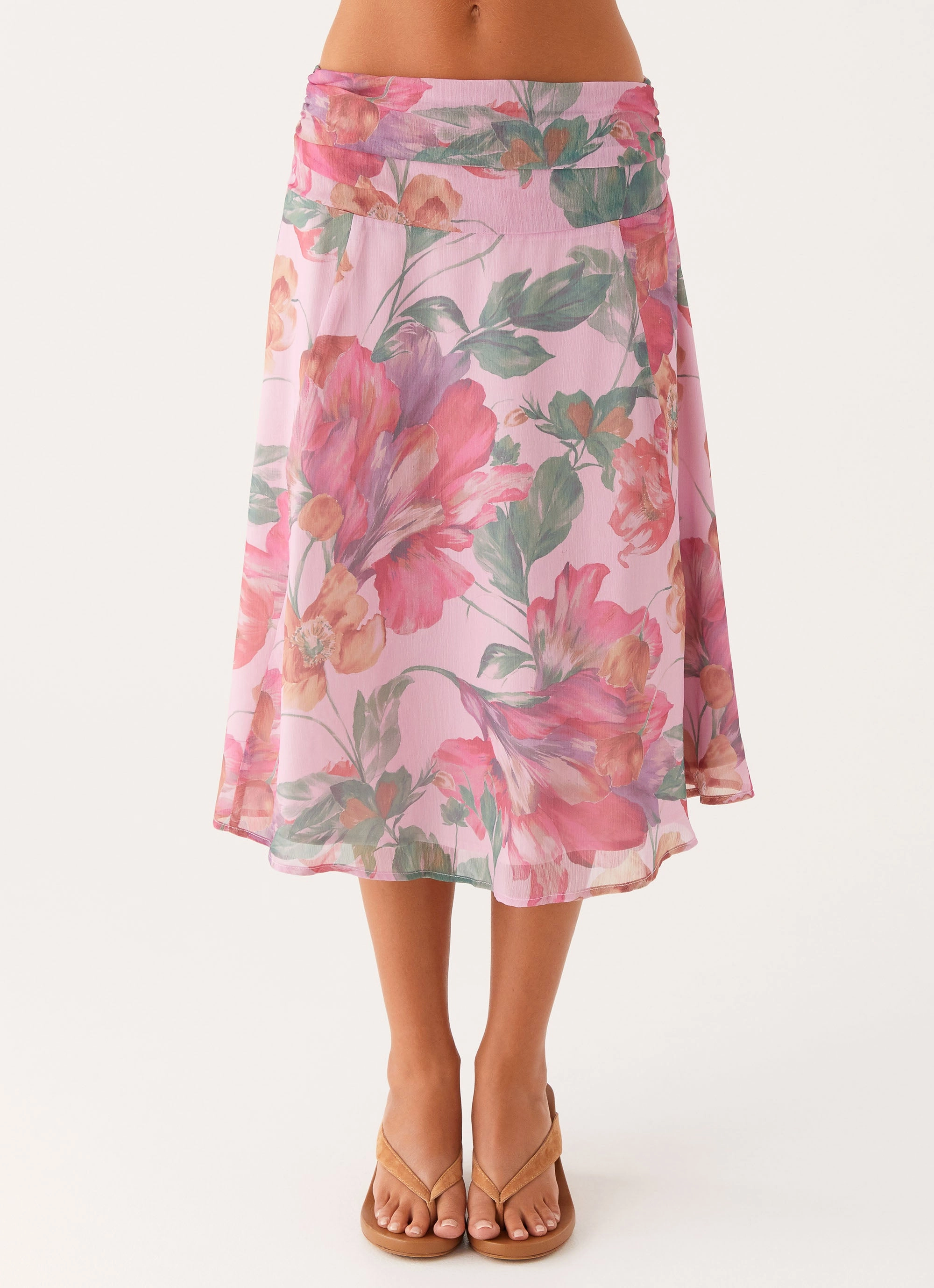 Valley Midi Skirt - Pink Floral Fold Over Detail