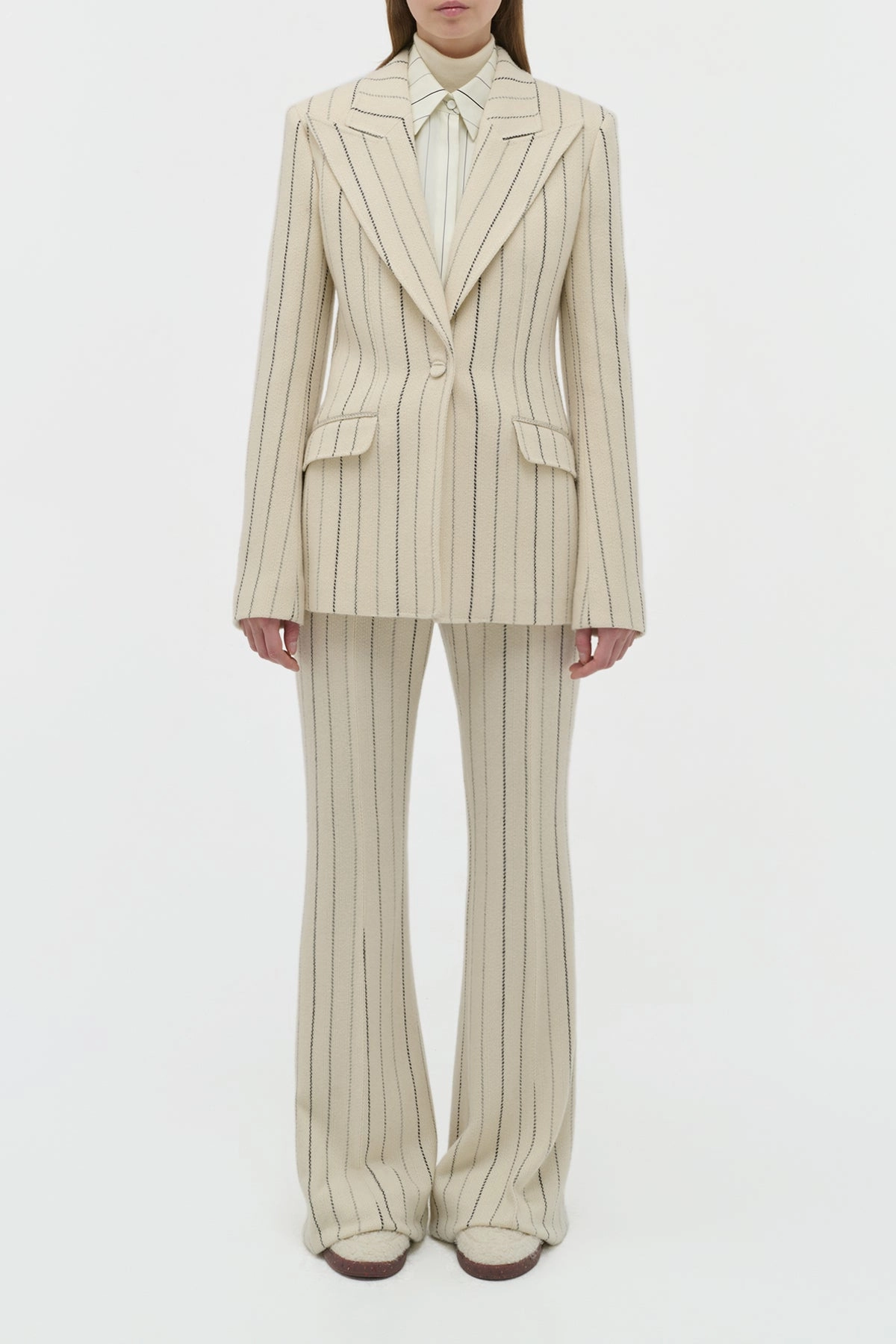 Leiva Blazer in Ivory Multi Pinstripe Wool Cashmere Tailored Fit