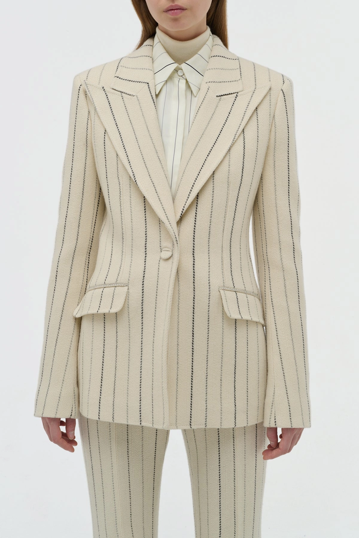 Professional Attire Leiva Blazer in Ivory Multi Pinstripe Wool Cashmere